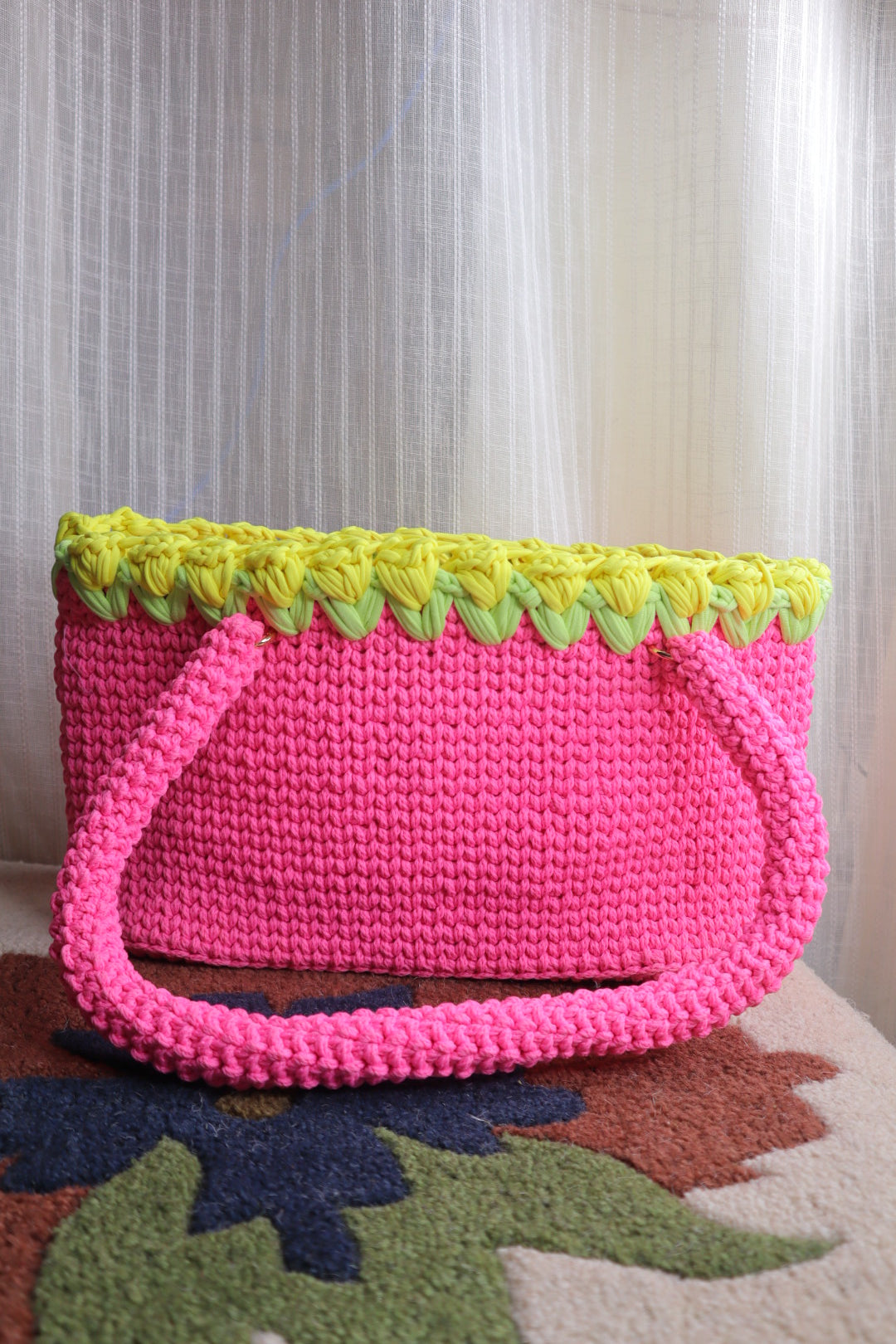 Pink Crochet Tote With Yellow Tulips