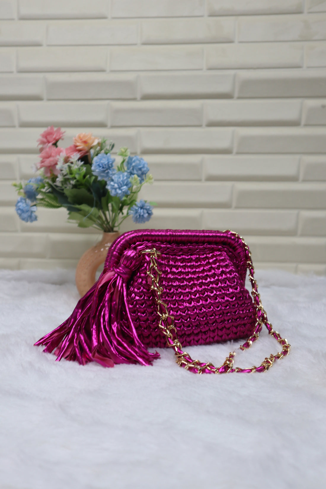 Hot Pink Glam Metallic Crochet Clutch