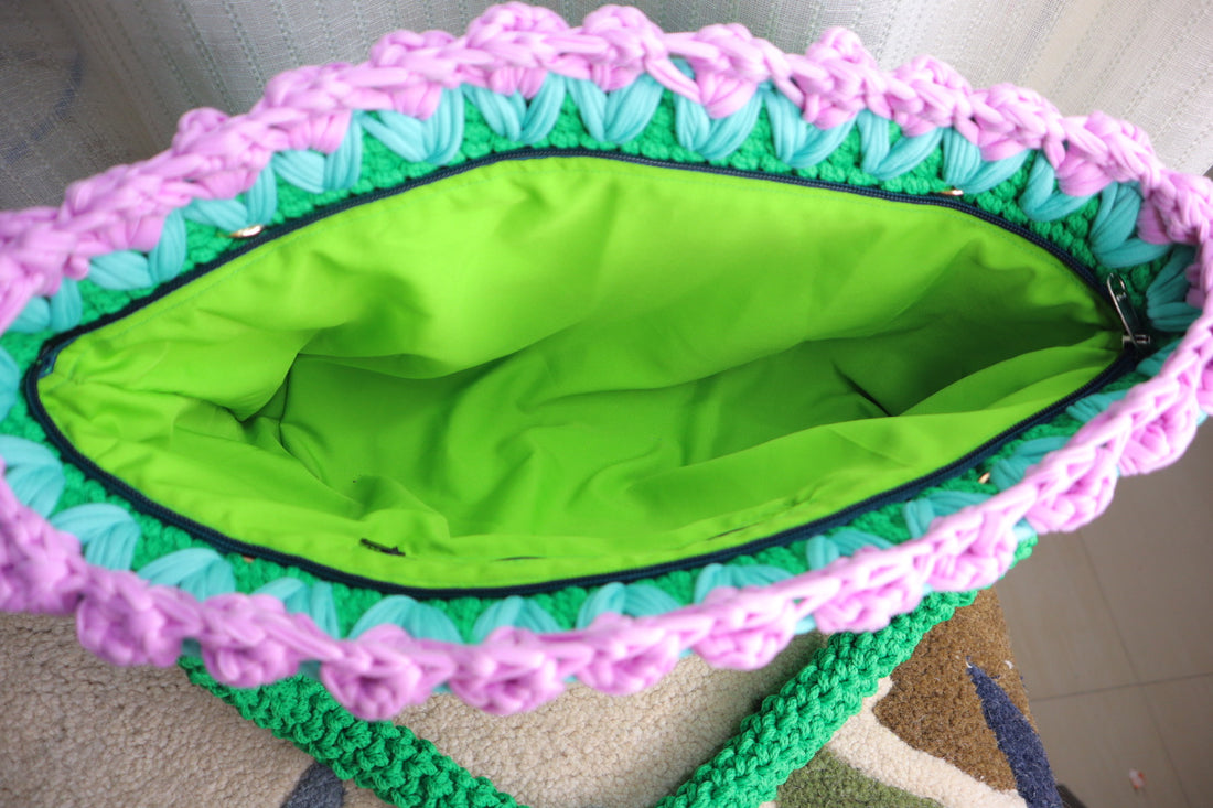 Green Crotchet Tote With Purple Tulips