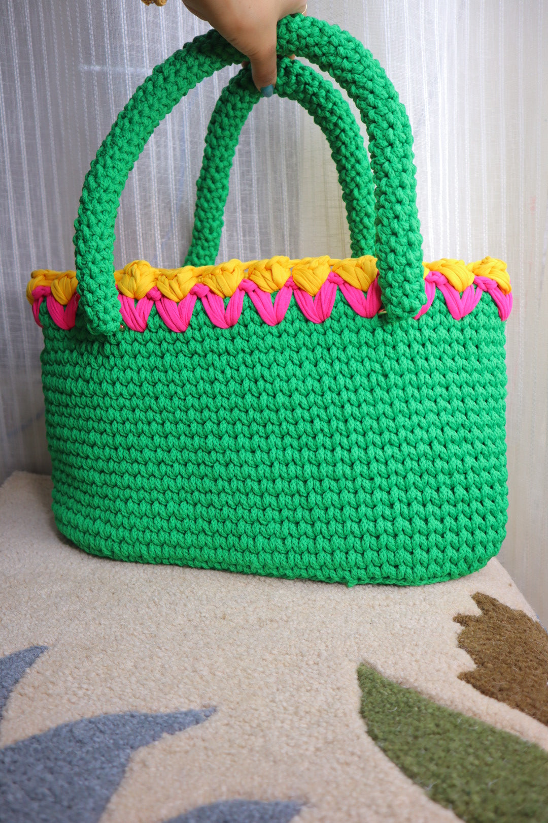 Green Crotchet Tote With Yellow Tulips