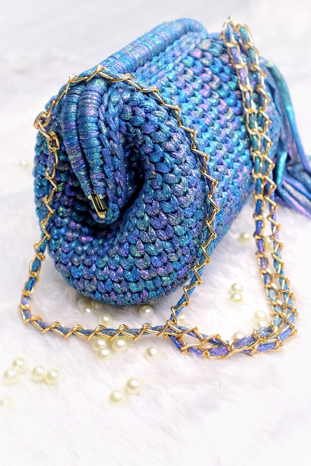 Shimmery Blue Crochet Clutch with Sling and Tassel