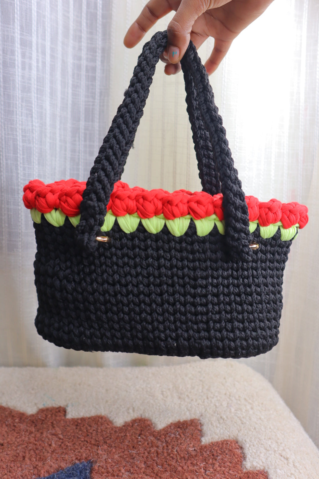 Red Tulips on Black Mini Crochet Bag