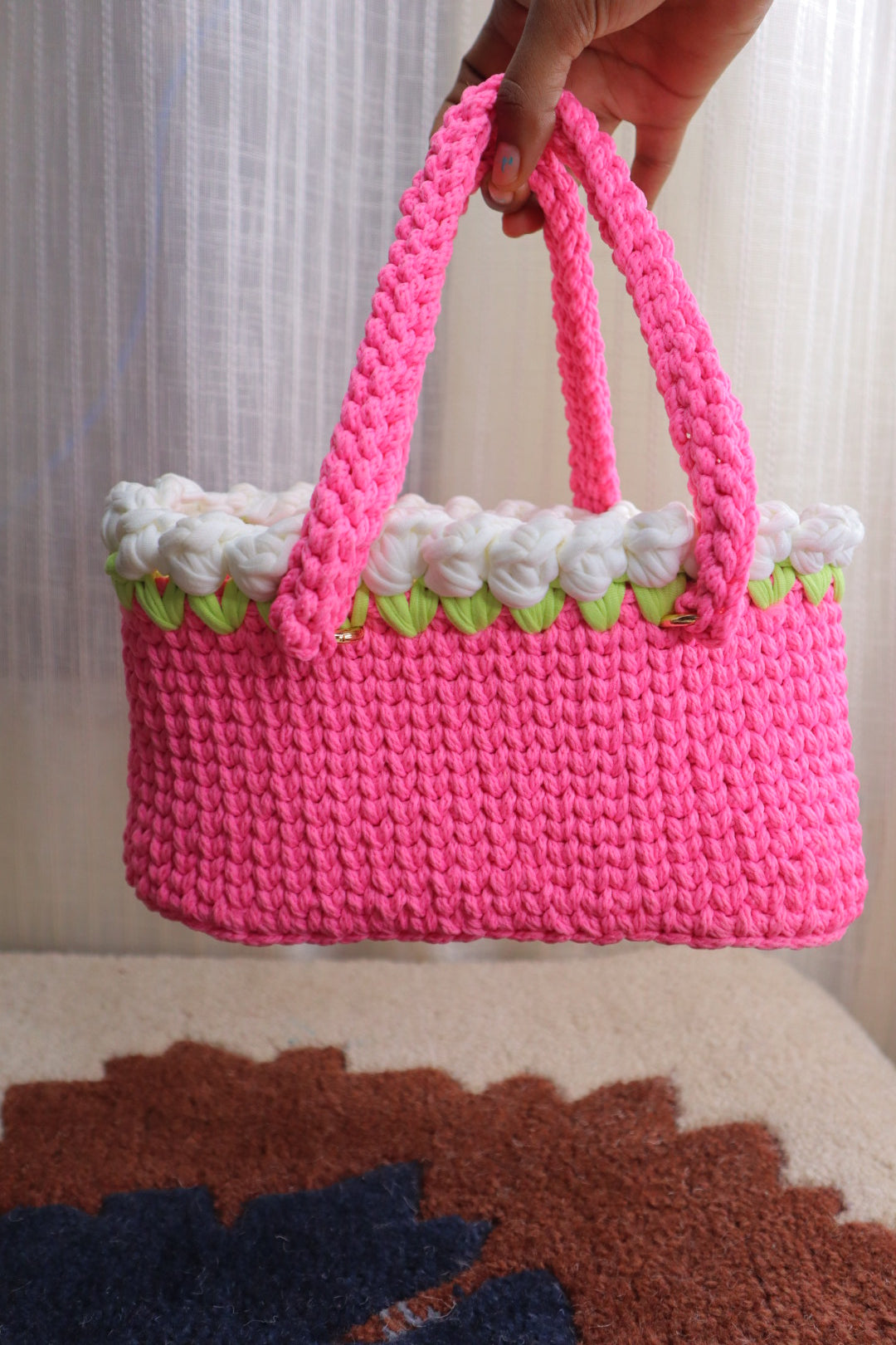 White Tulips on Pink Mini Crochet Bag