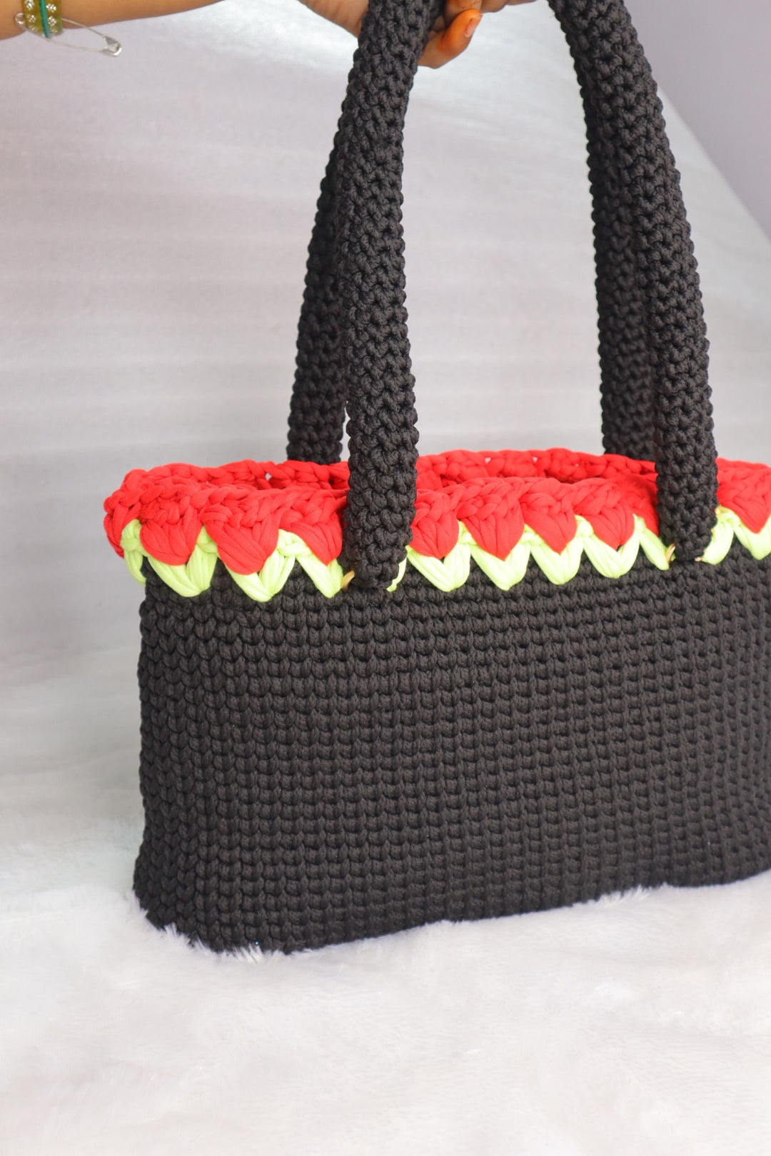 Black Crochet Tote With Red Tulips