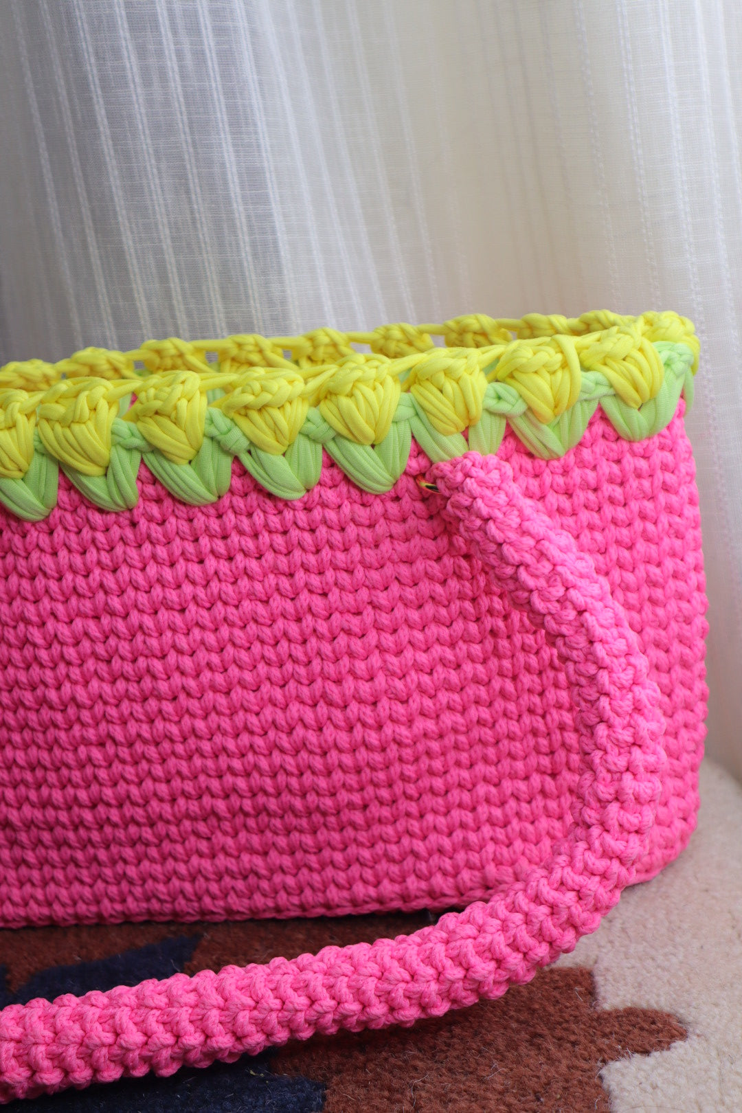 Pink Crochet Tote With Yellow Tulips