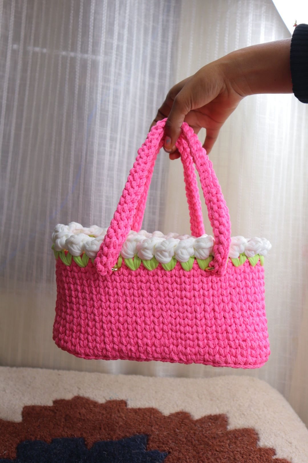 White Tulips on Pink Mini Crochet Bag