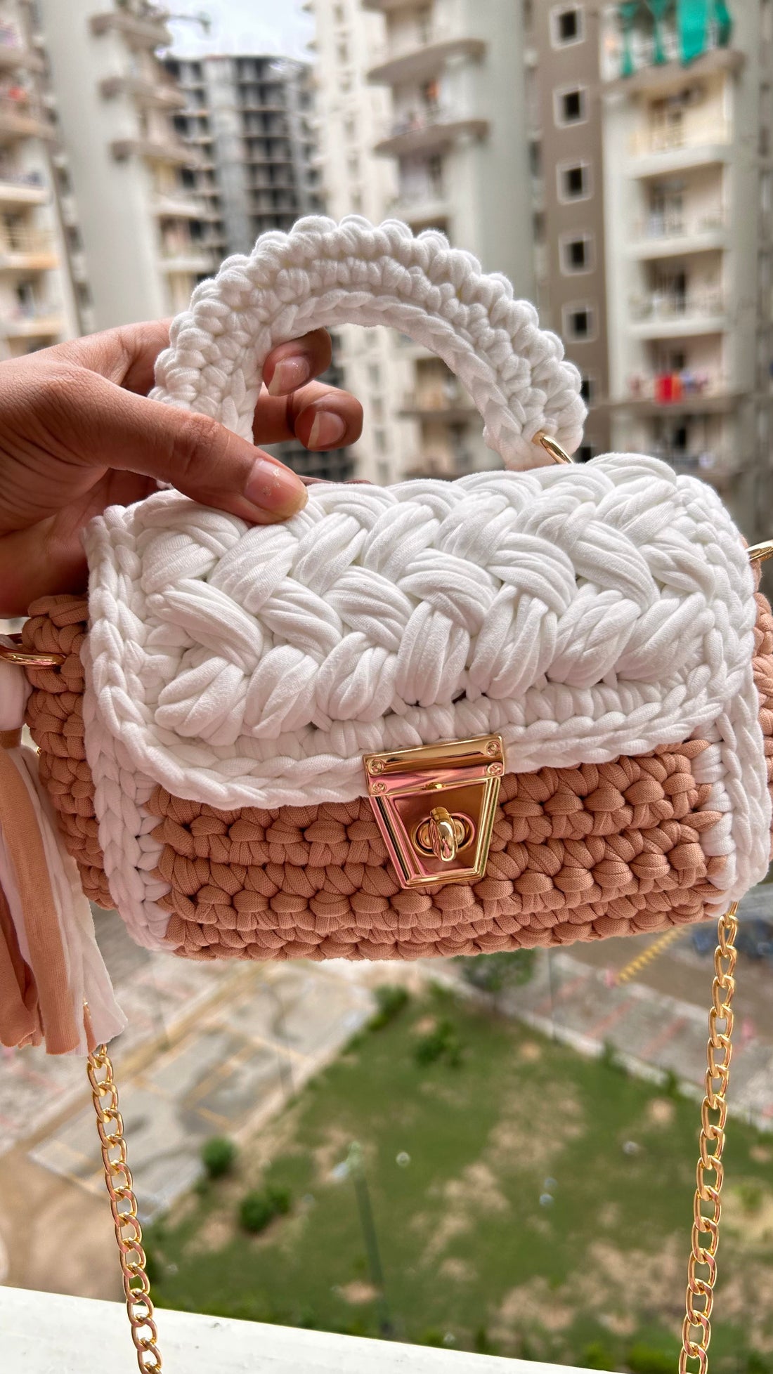 Beige and White Handcrafted Crotchet Bag