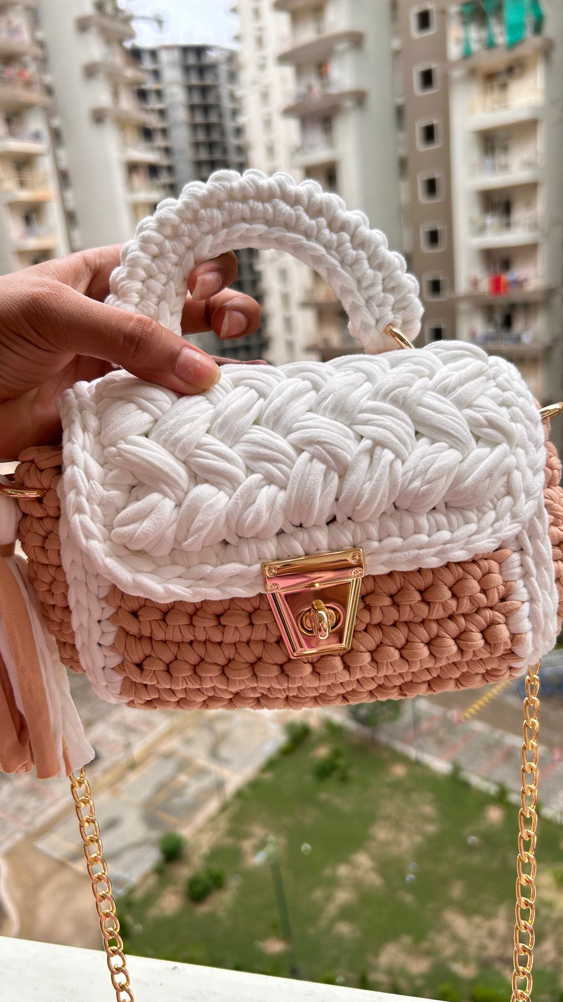 Beige and White Handcrafted Crotchet Bag