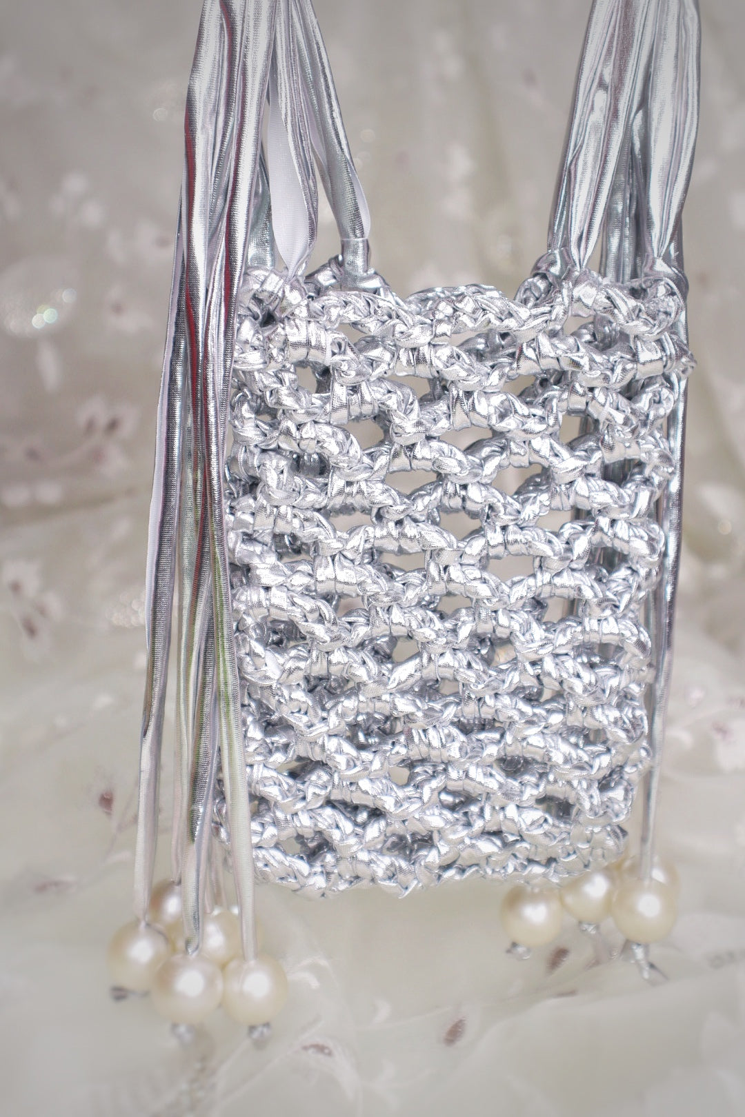 Silver Pearl Fringe Crochet Phone Sling