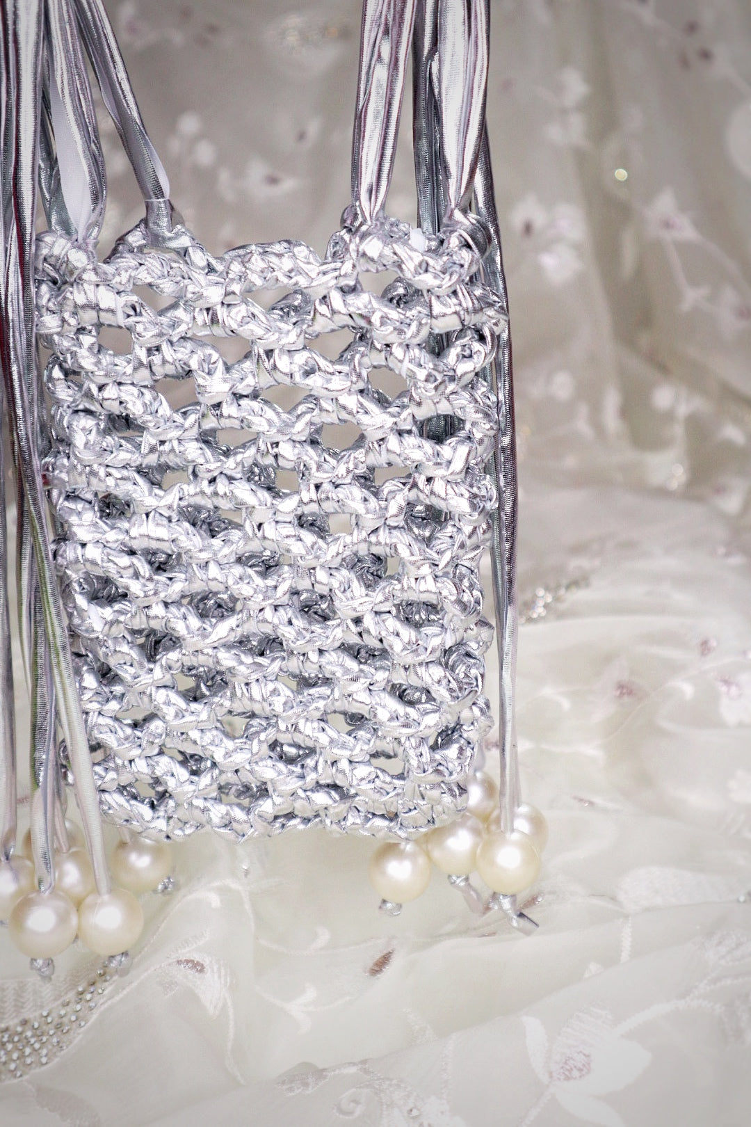 Silver Pearl Fringe Crochet Phone Sling