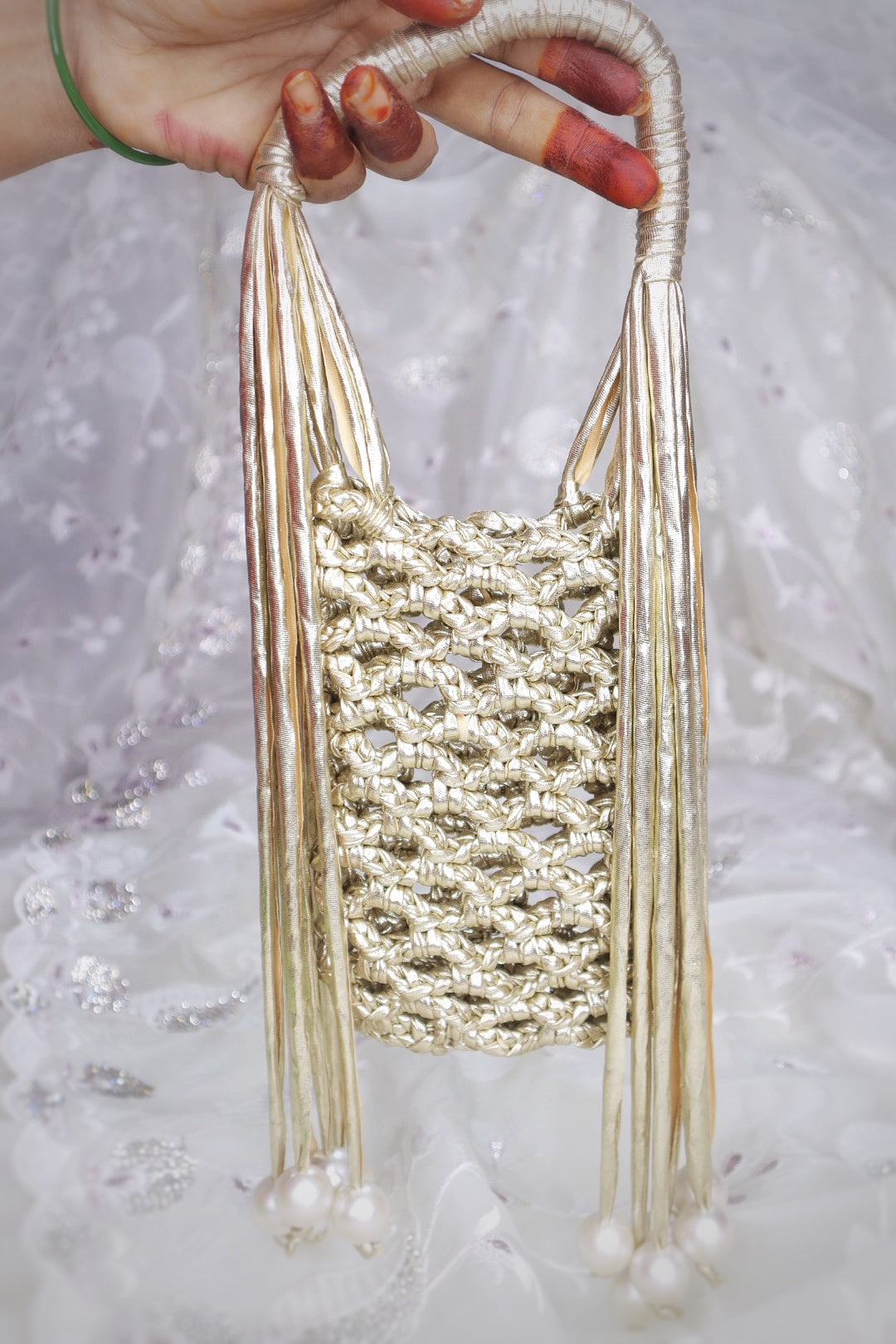 Champagne Gold Pearl Fringe Crochet Phone Sling