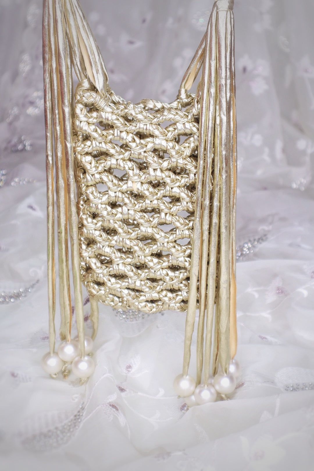 Champagne Gold Pearl Fringe Crochet Phone Sling