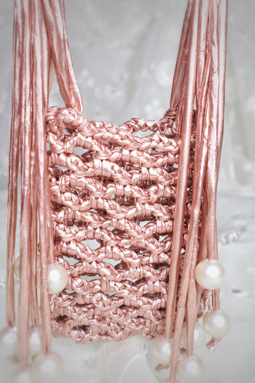 Rose Gold Pearl Fringe Crochet Phone Sling