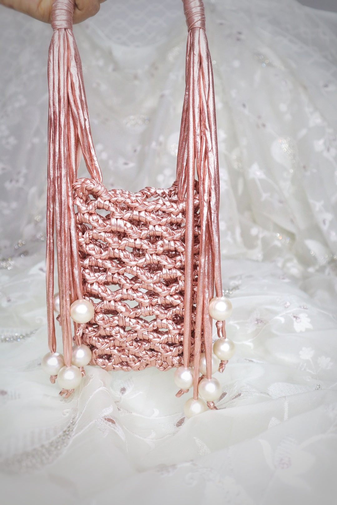 Rose Gold Pearl Fringe Crochet Phone Sling