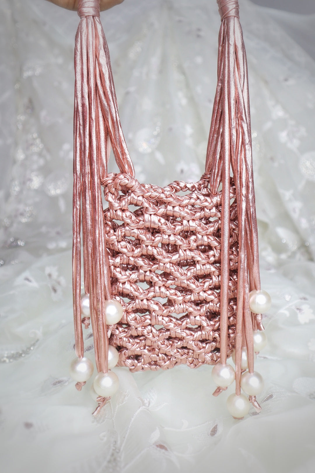 Rose Gold Pearl Fringe Crochet Phone Sling