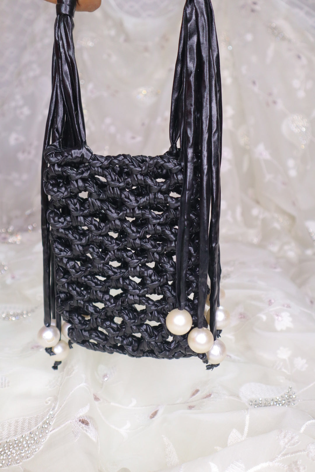 Black Pearl Fringe Crochet Phone Sling