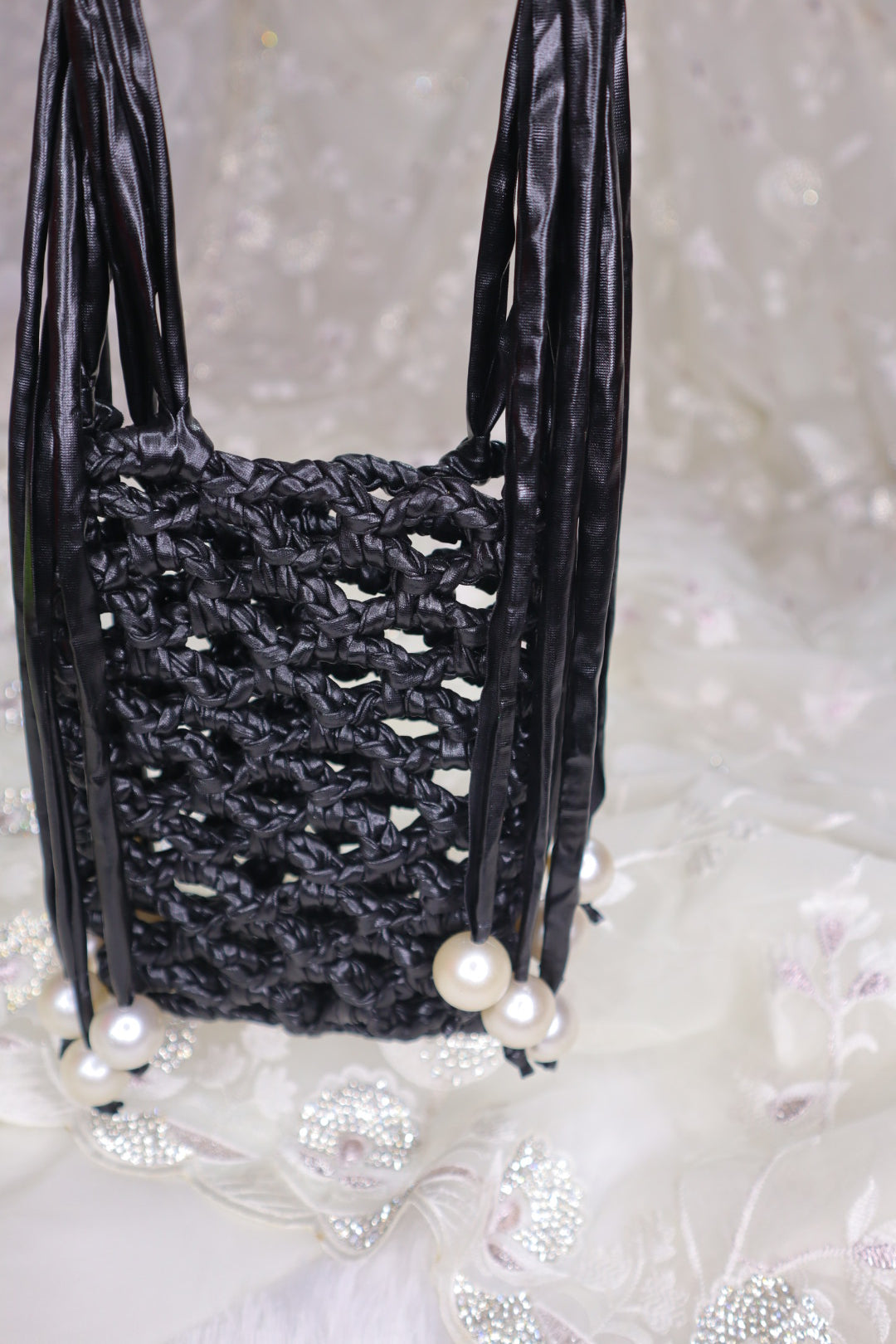 Black Pearl Fringe Crochet Phone Sling