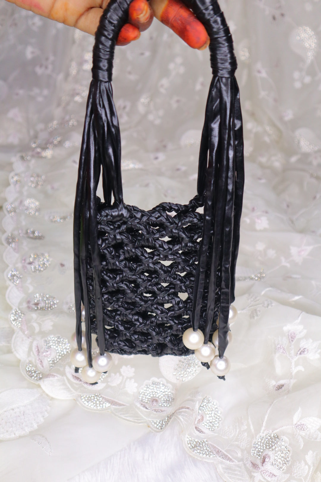 Black Pearl Fringe Crochet Phone Sling