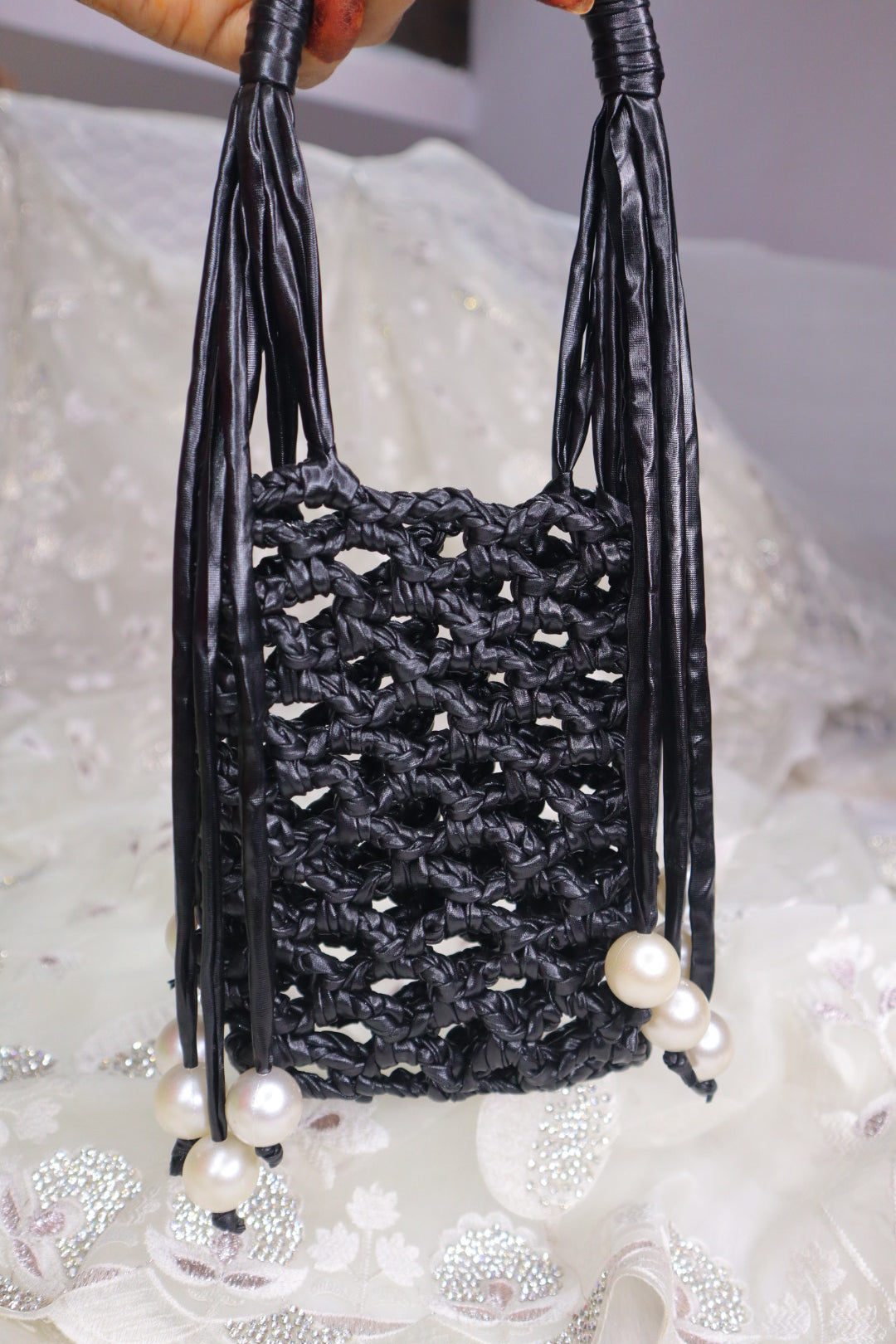 Black Pearl Fringe Crochet Phone Sling