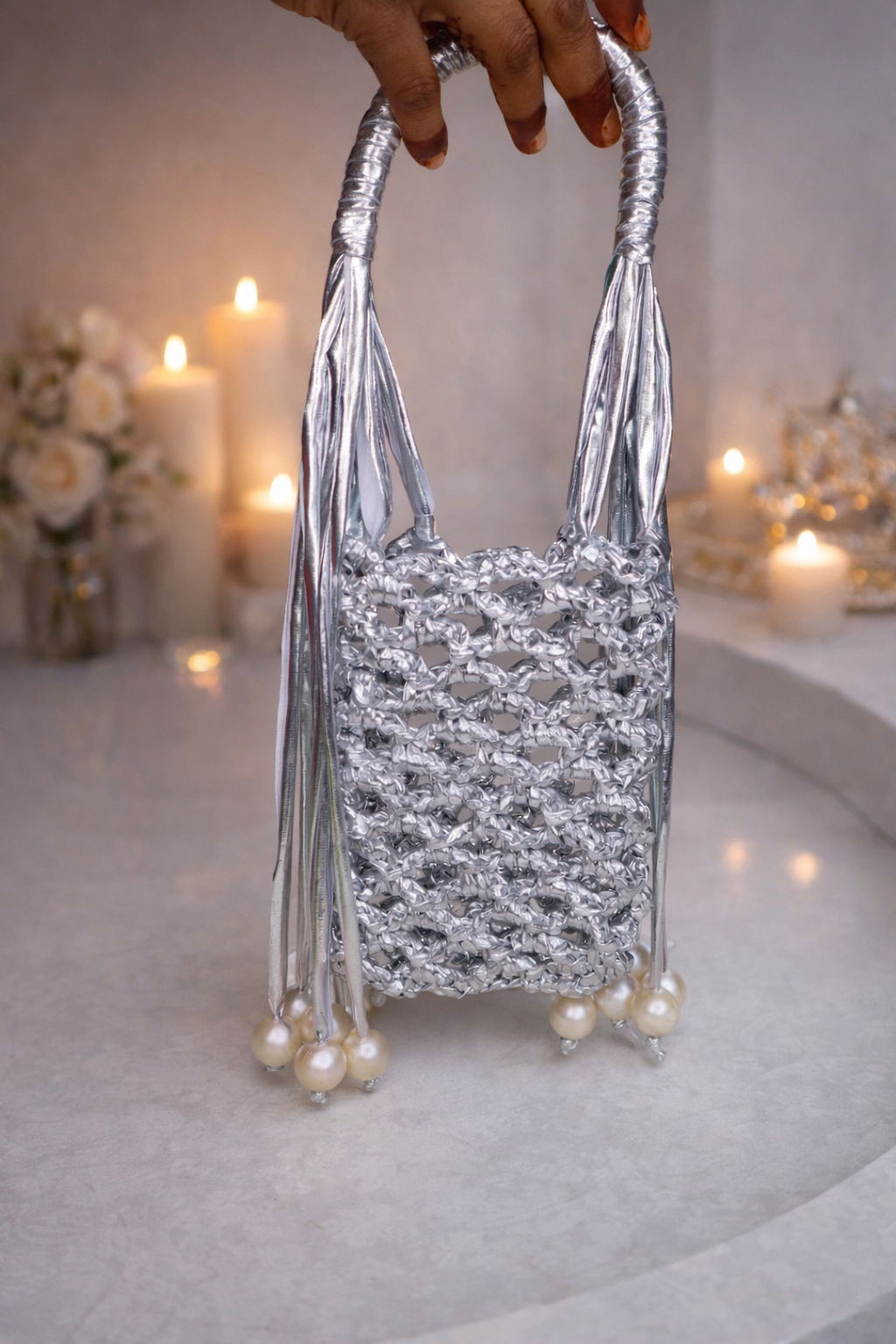 Silver Pearl Fringe Crochet Phone Sling