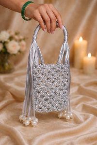 Silver Pearl Fringe Crochet Phone Sling