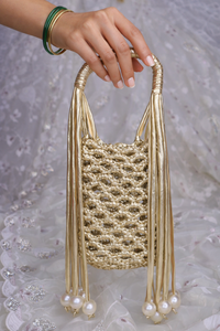 Champagne Gold Pearl Fringe Crochet Phone Sling