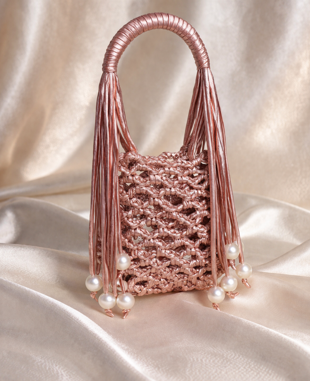 Rose Gold Pearl Fringe Crochet Phone Sling