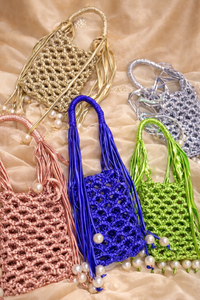 Royal Blue Pearl Fringe Crochet Phone Sling