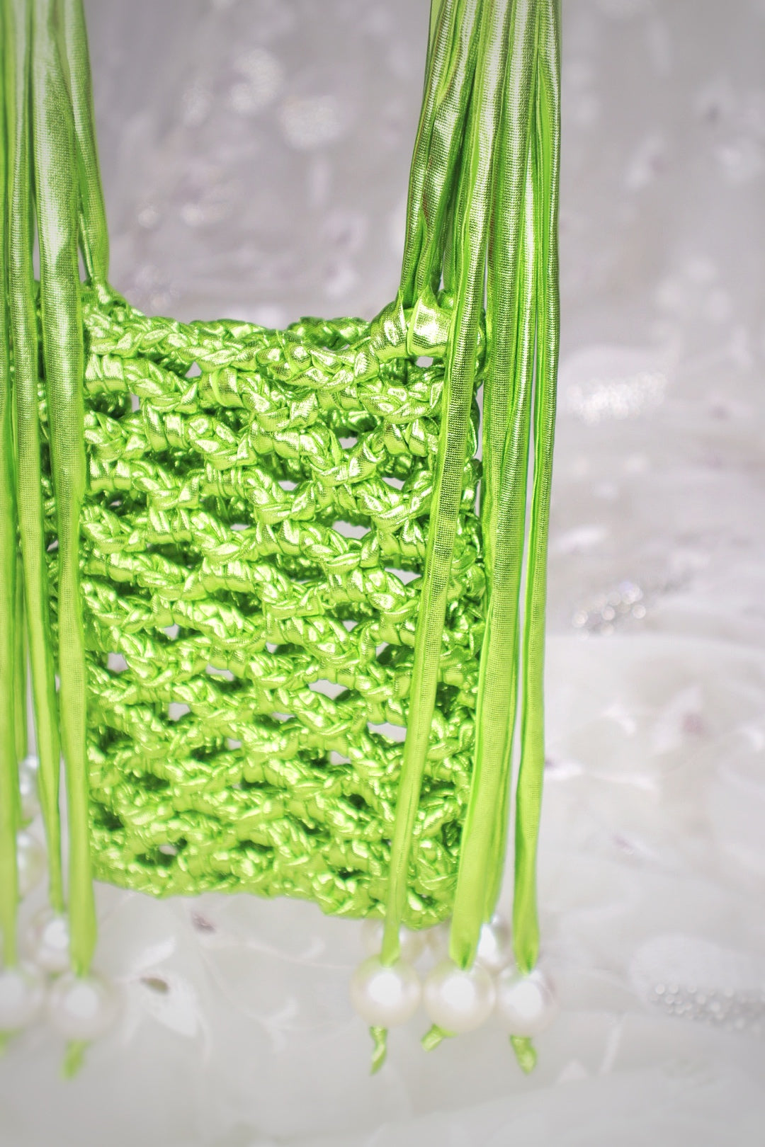 Lime Green Pearl Fringe Crochet Phone Sling