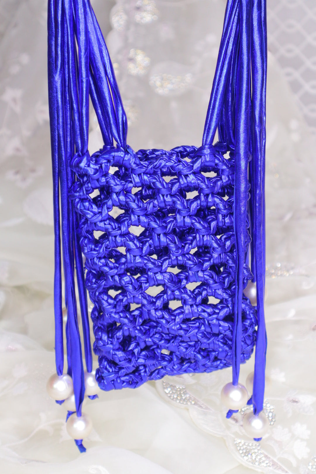 Royal Blue Pearl Fringe Crochet Phone Sling