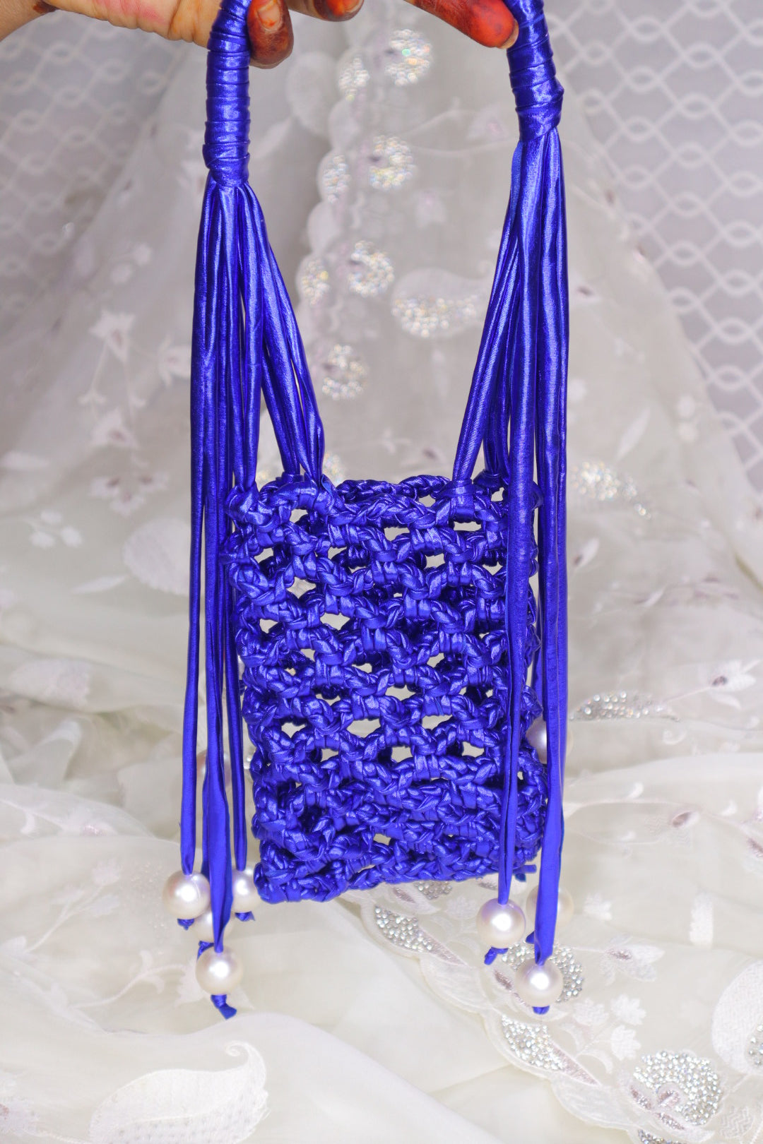 Royal Blue Pearl Fringe Crochet Phone Sling