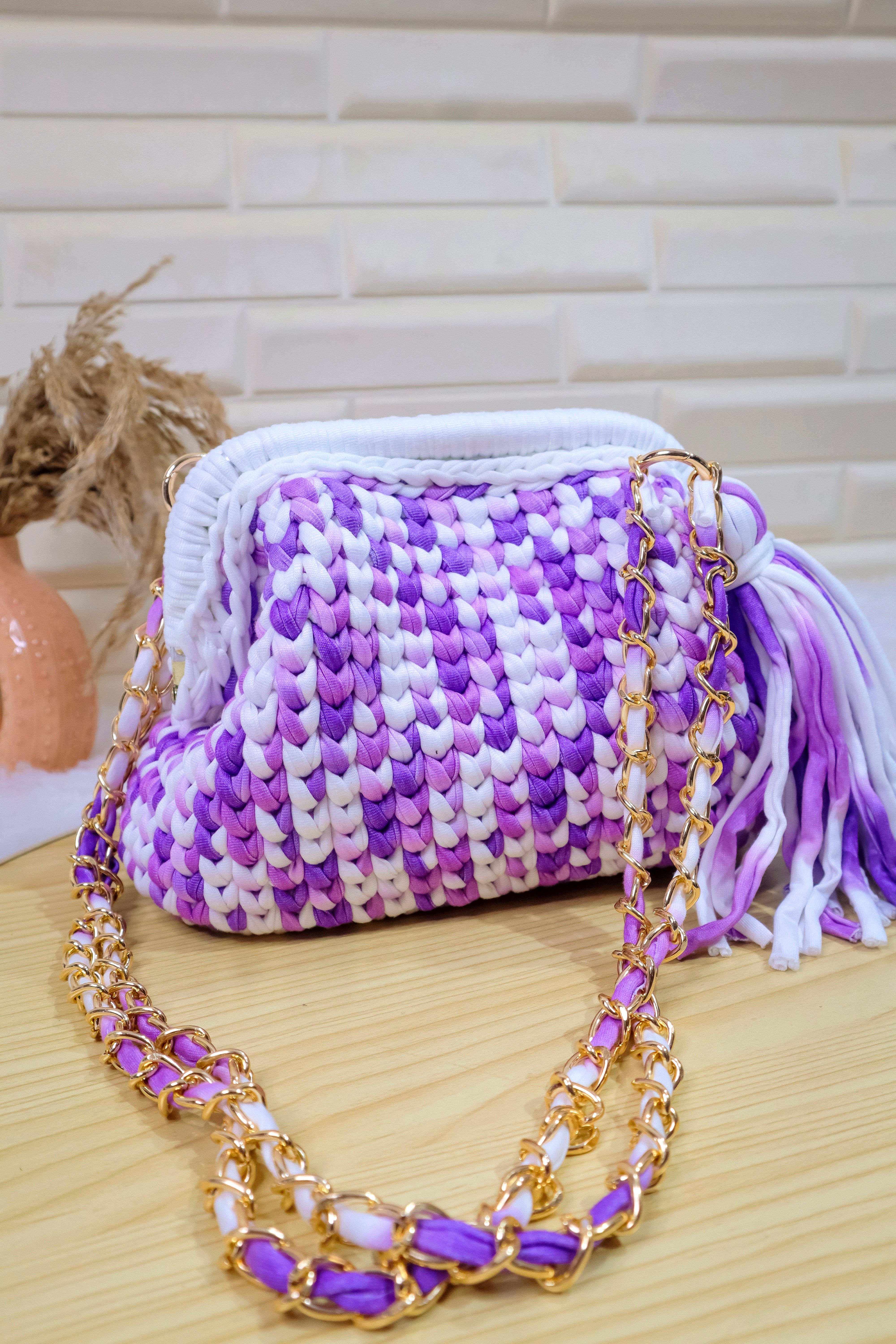 Lavender Haze Crochet Clutch with Chain Sling and Tassel