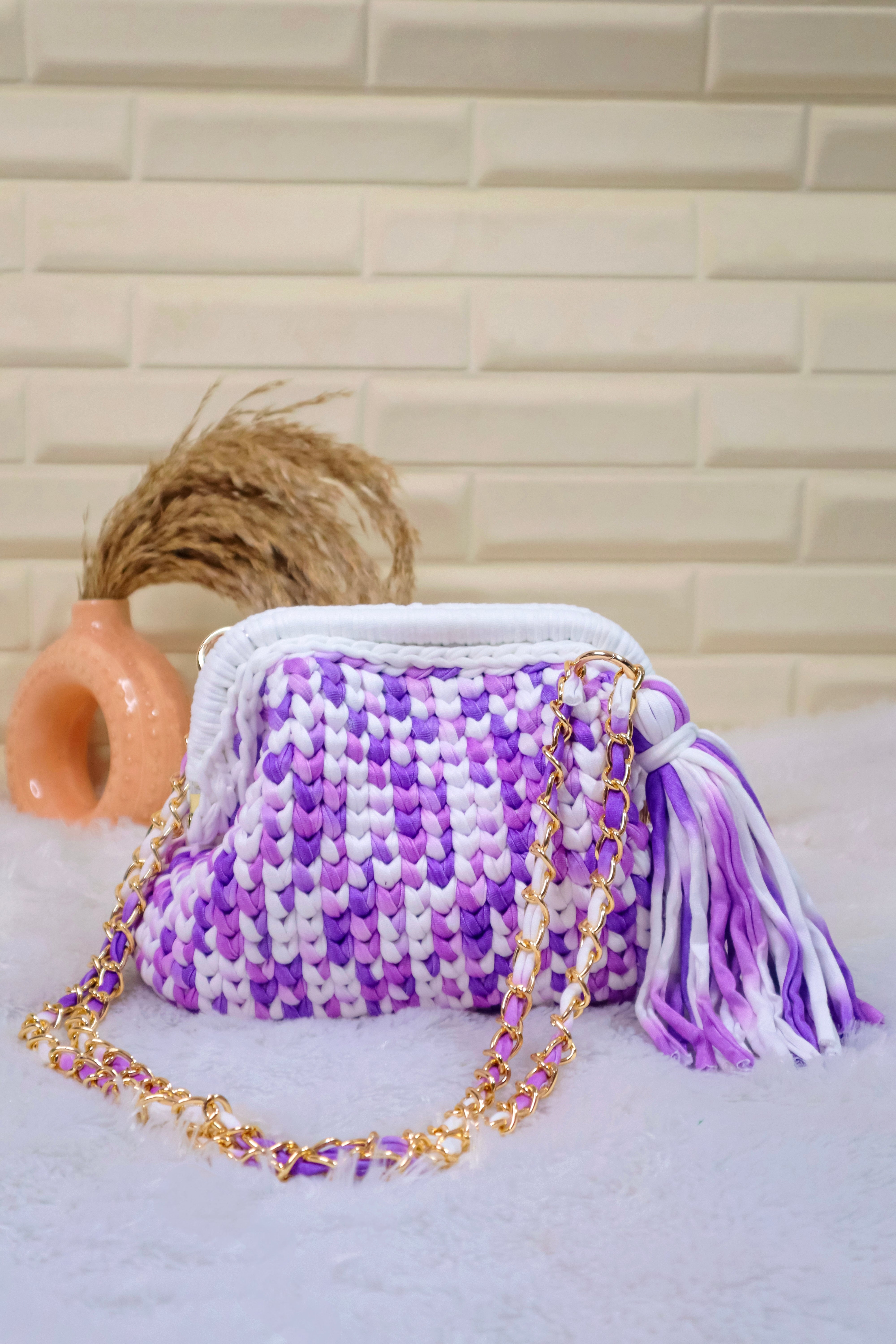 Lavender Haze Crochet Clutch with Chain Sling and Tassel