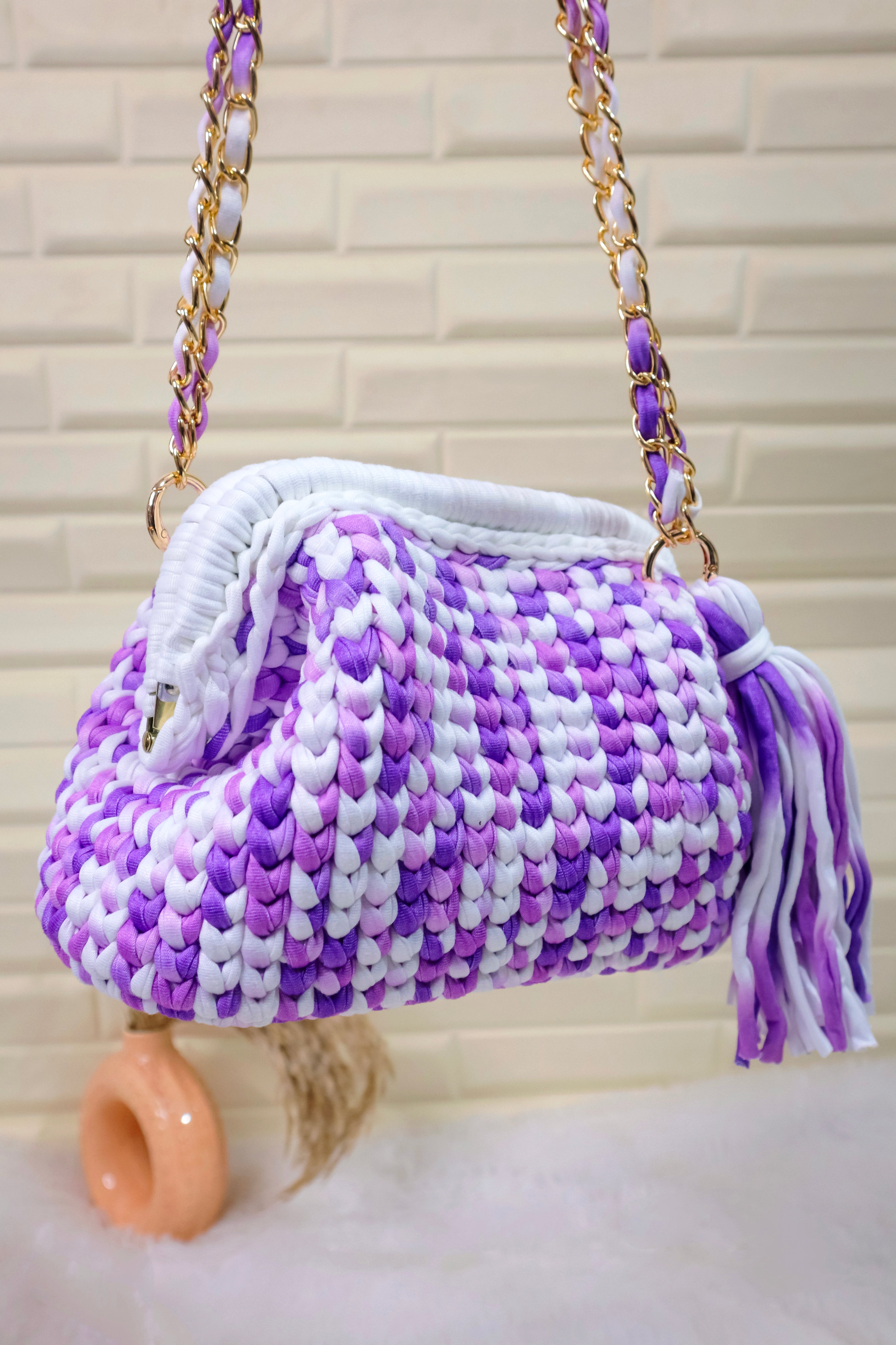 Lavender Haze Crochet Clutch with Chain Sling and Tassel