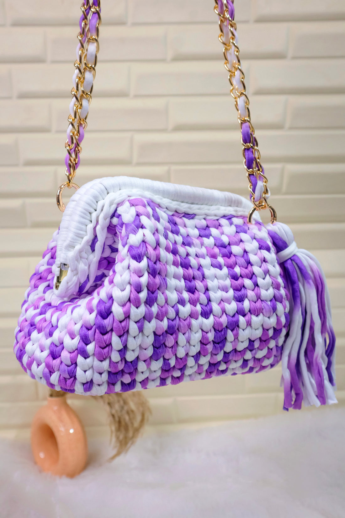Lavender Haze Crochet Clutch with Chain Sling and Tassel