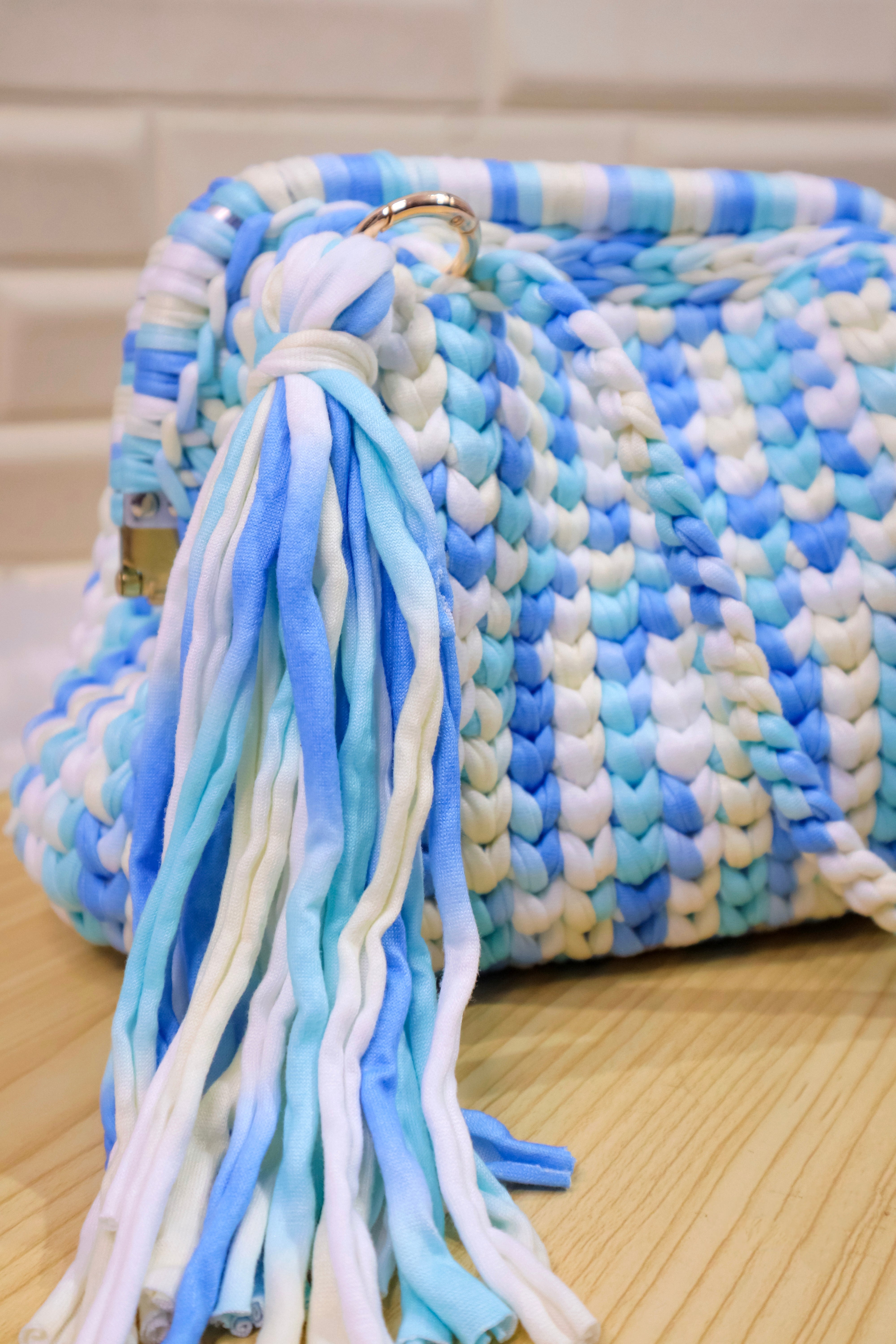 Blue Lagoon Crochet Clutch with Sling and Tassel