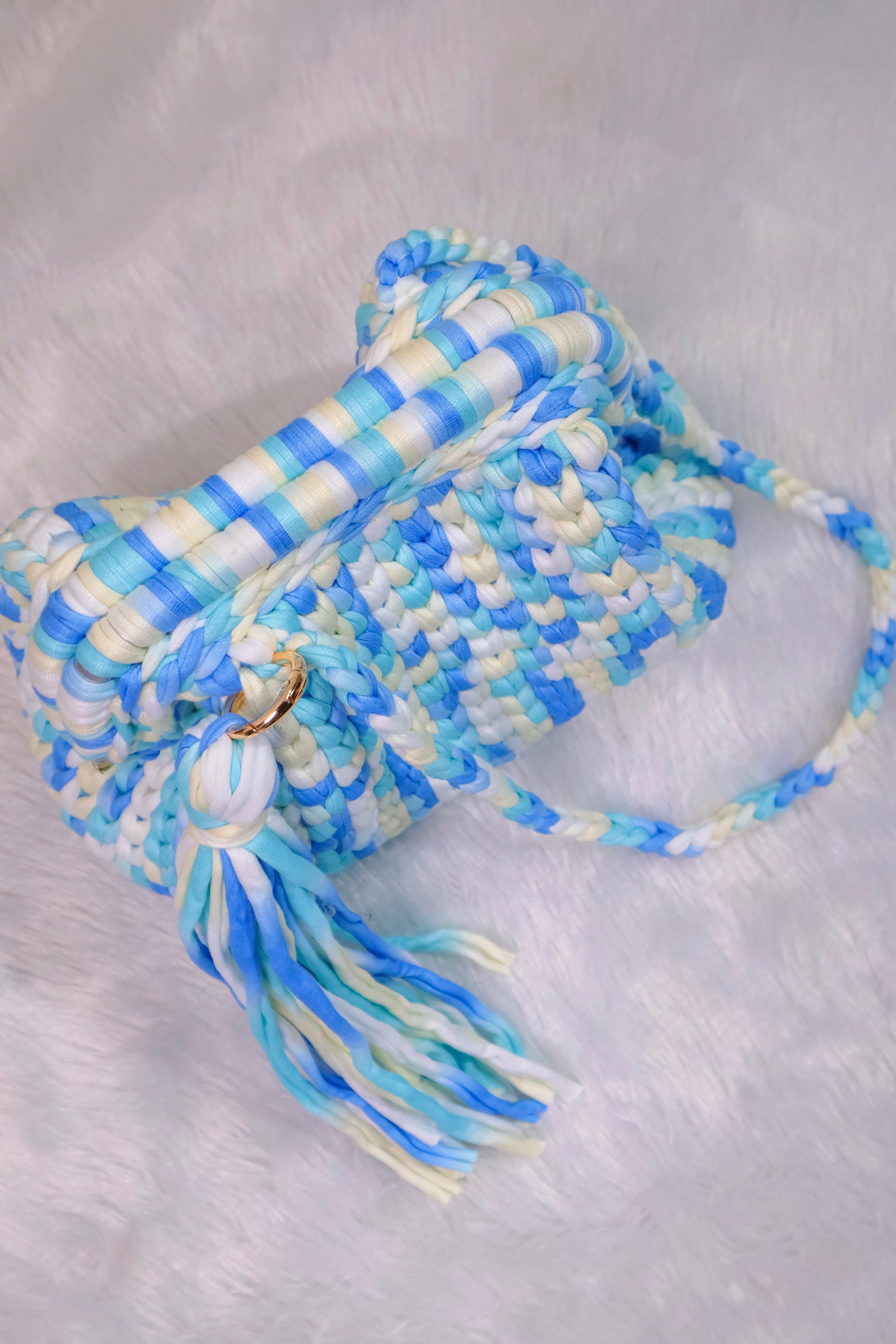 Blue Lagoon Crochet Clutch with Sling and Tassel