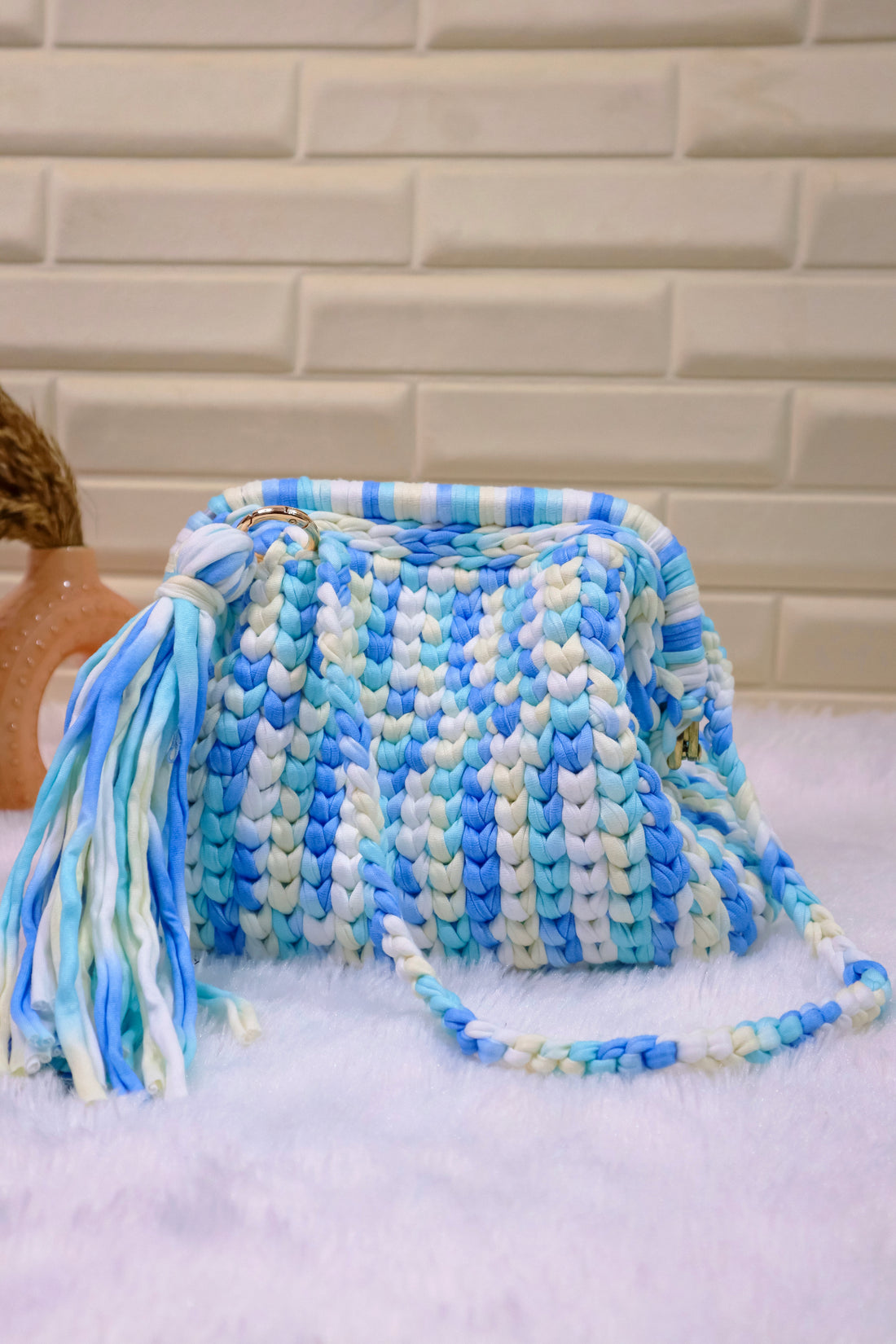 Blue Lagoon Crochet Clutch with Sling and Tassel