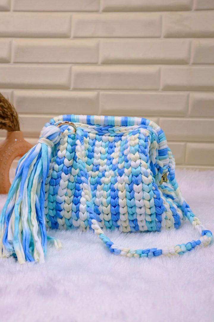Blue Lagoon Crochet Clutch with Sling and Tassel
