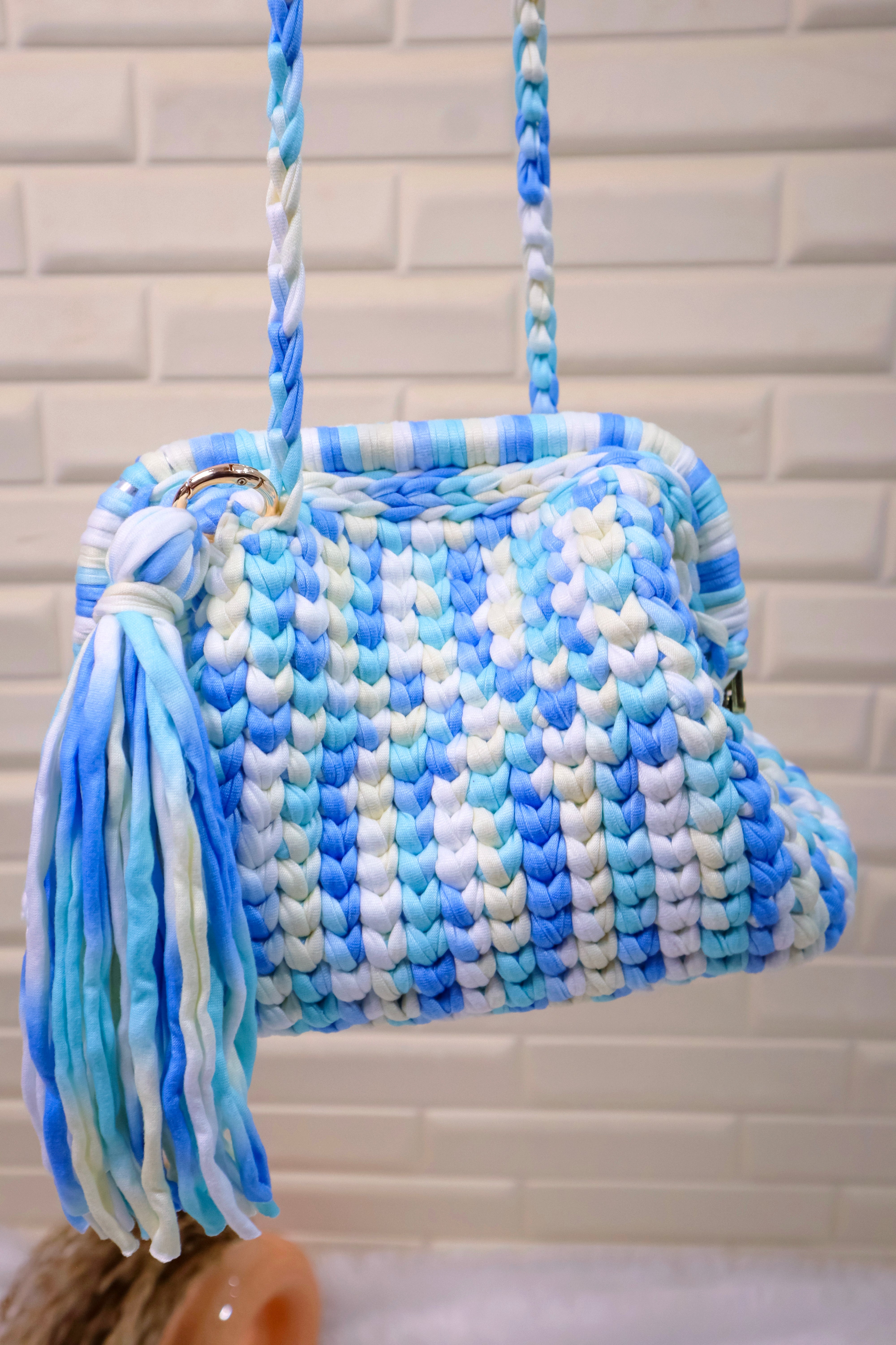 Blue Lagoon Crochet Clutch with Sling and Tassel