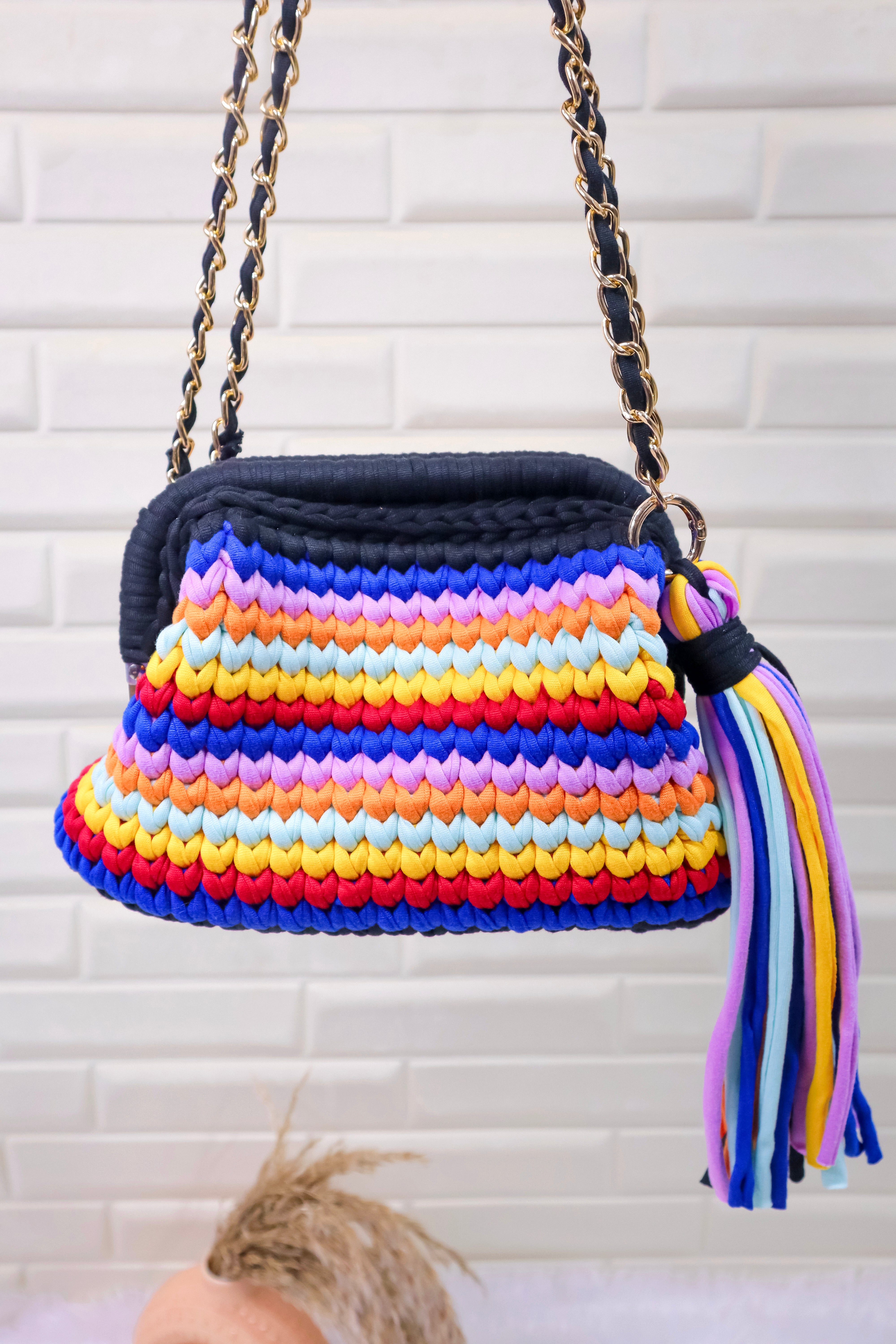 Carnival Stripe Crochet Clutch with Chain Sling and Tassel