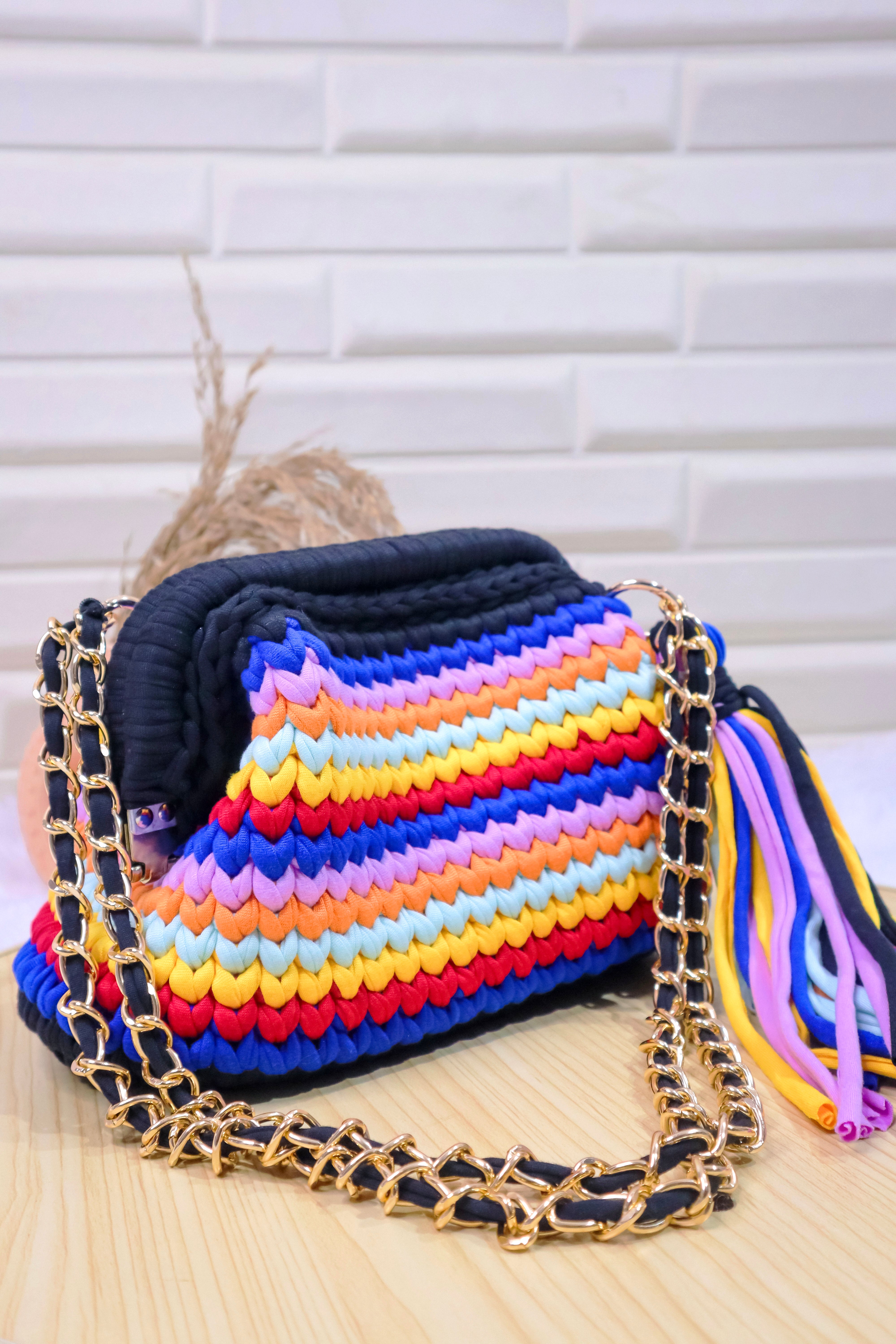 Carnival Stripe Crochet Clutch with Chain Sling and Tassel