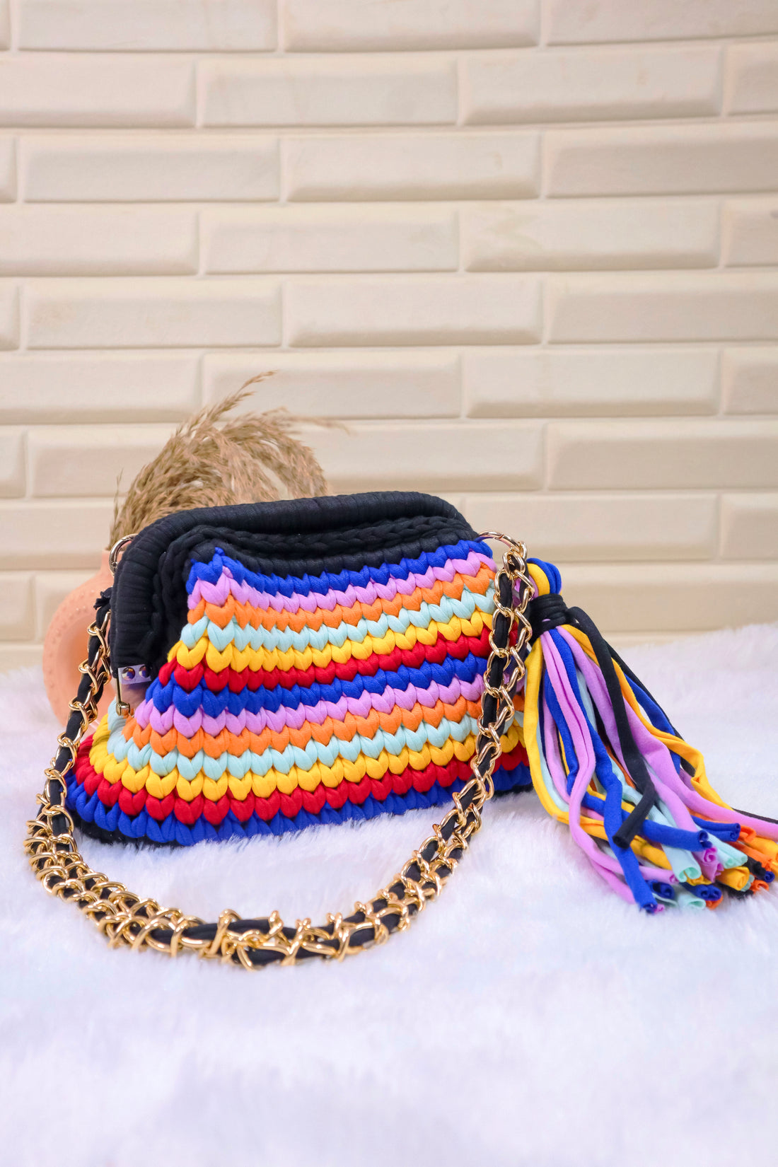 Carnival Stripe Crochet Clutch with Chain Sling and Tassel