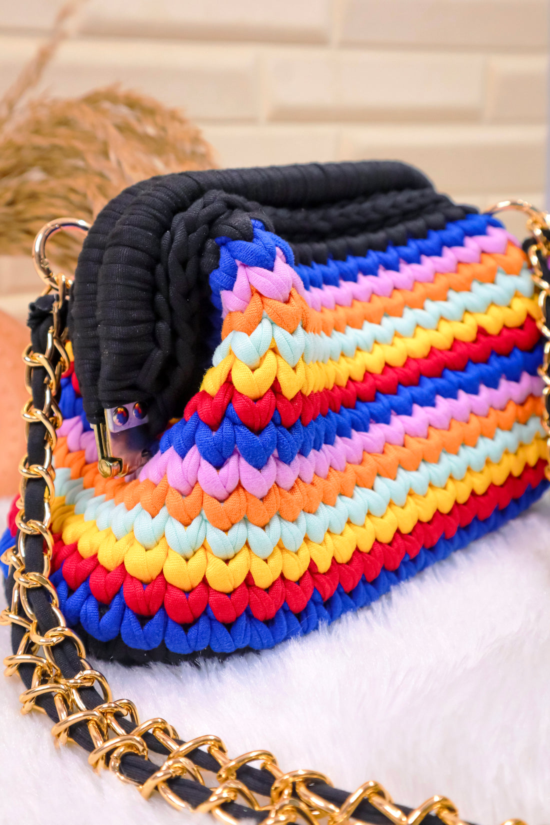 Carnival Stripe Crochet Clutch with Chain Sling and Tassel