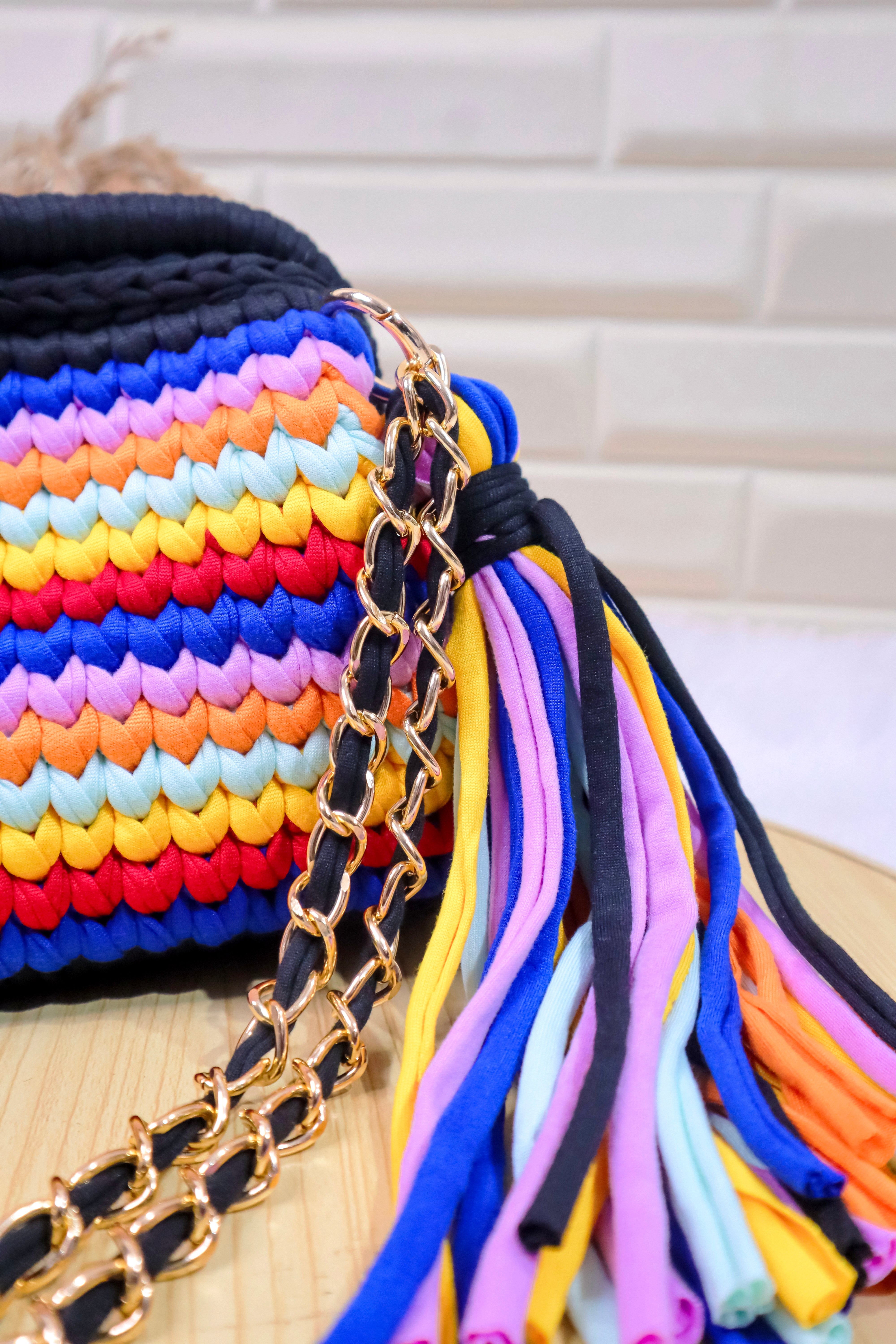 Carnival Stripe Crochet Clutch with Chain Sling and Tassel