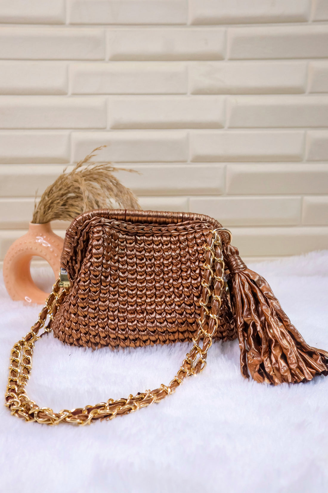 Antique Bronze Metallic Crochet Clutch with Chain Sling and Tassel