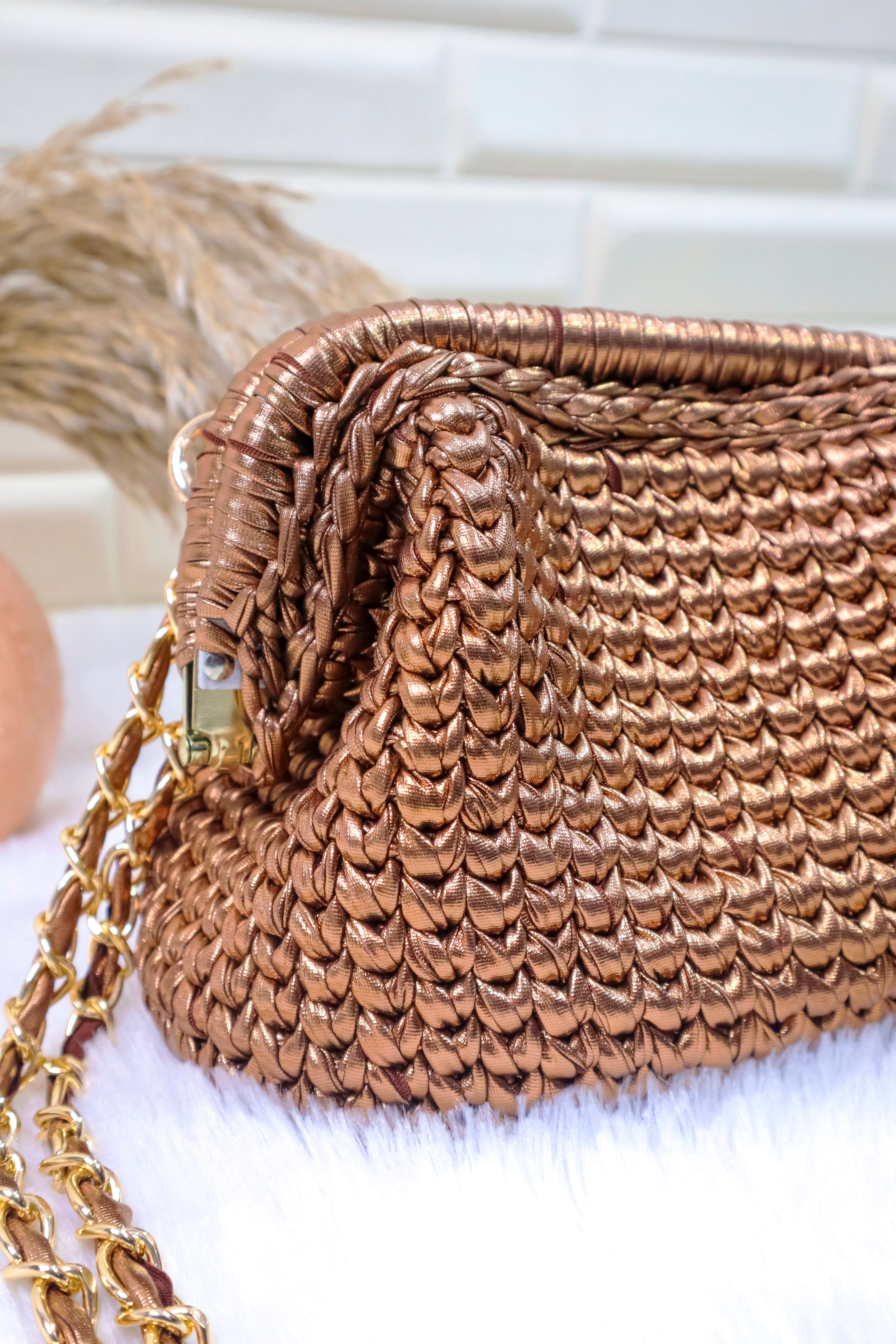 Antique Bronze Metallic Crochet Clutch with Chain Sling and Tassel