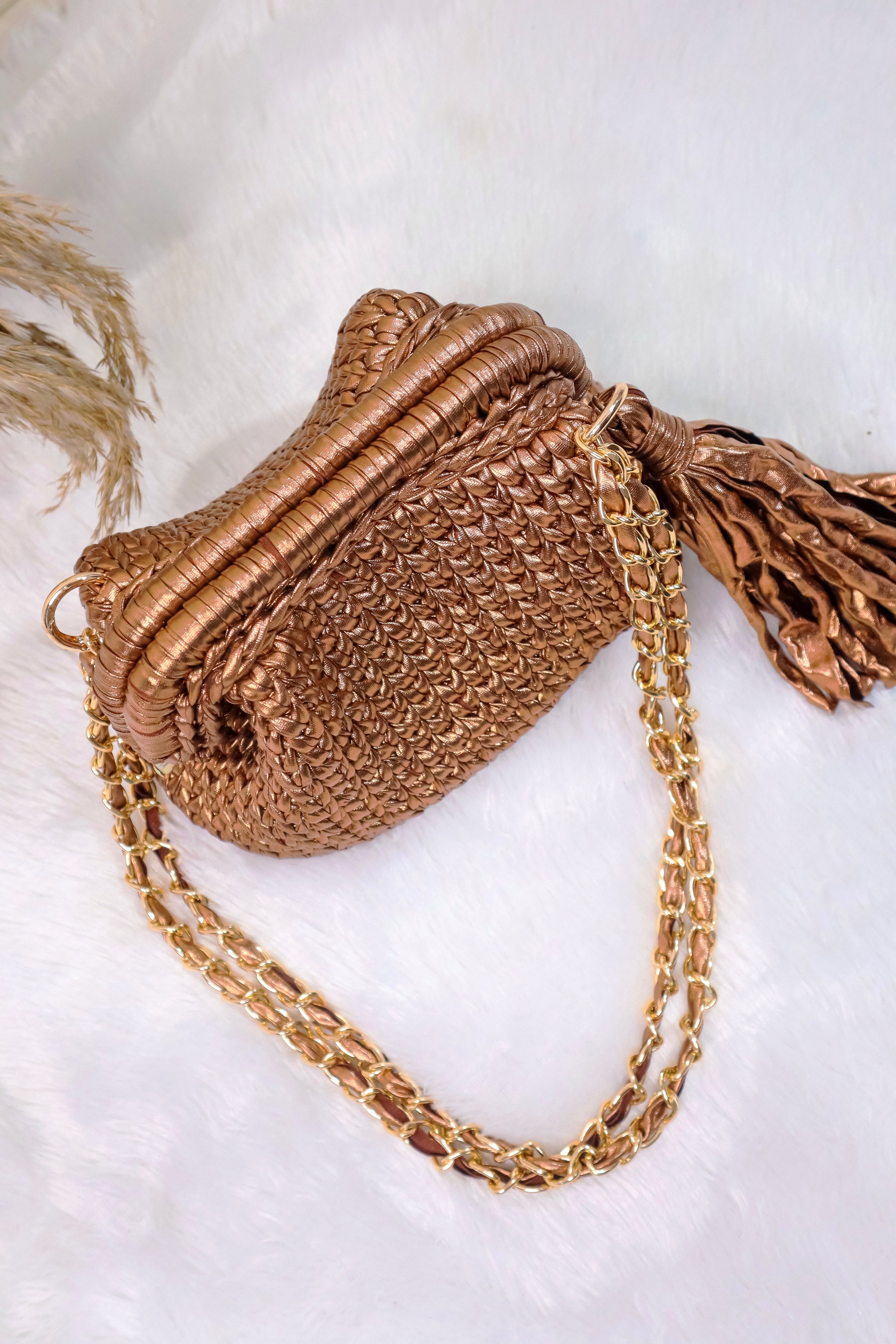 Antique Bronze Metallic Crochet Clutch with Chain Sling and Tassel