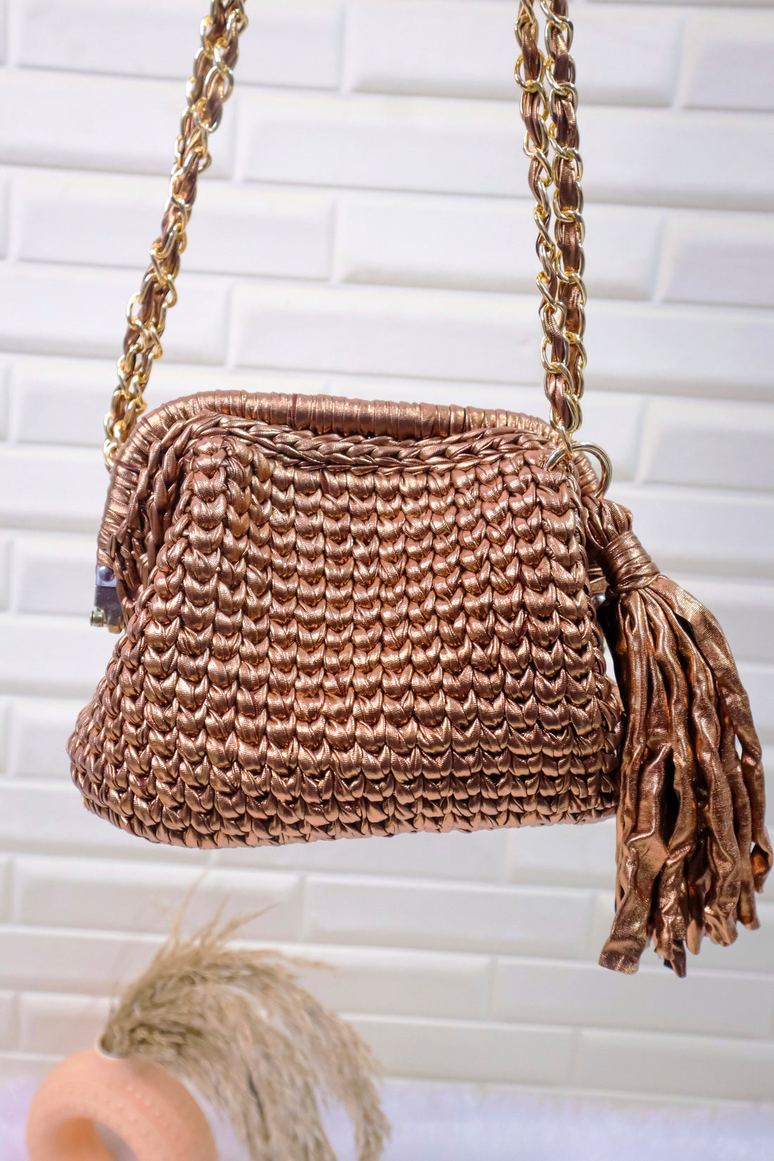Antique Bronze Metallic Crochet Clutch with Chain Sling and Tassel
