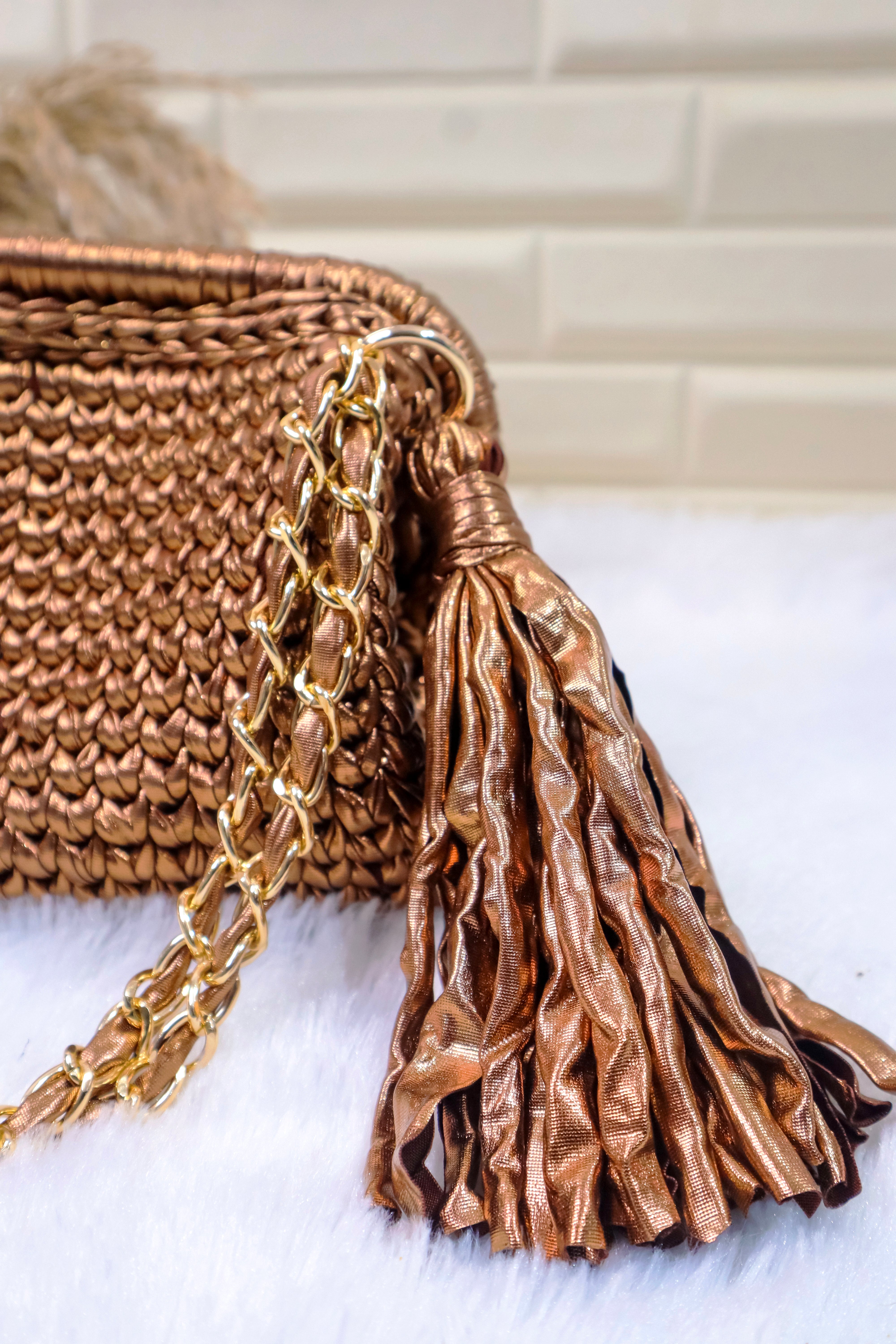 Antique Bronze Metallic Crochet Clutch with Chain Sling and Tassel